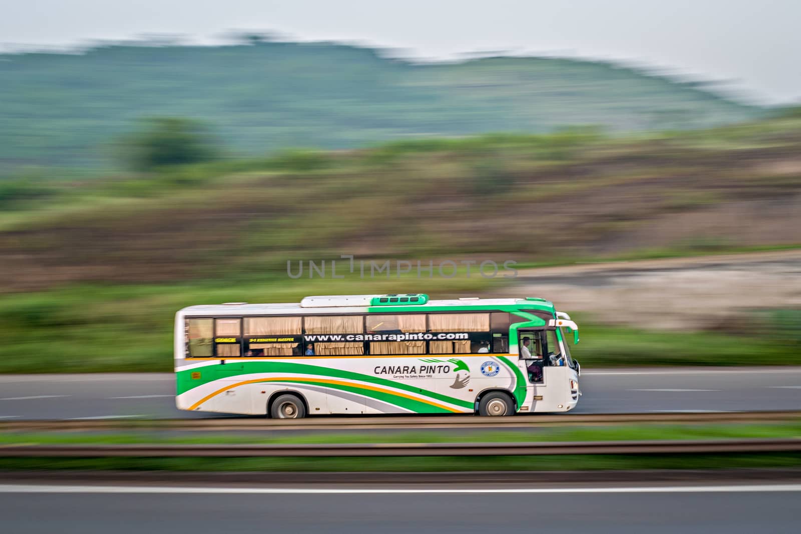 Pune, Maharashtra, India - September 27, 2017 : Canara Pinto travels bus , speeding towards Mumbai.