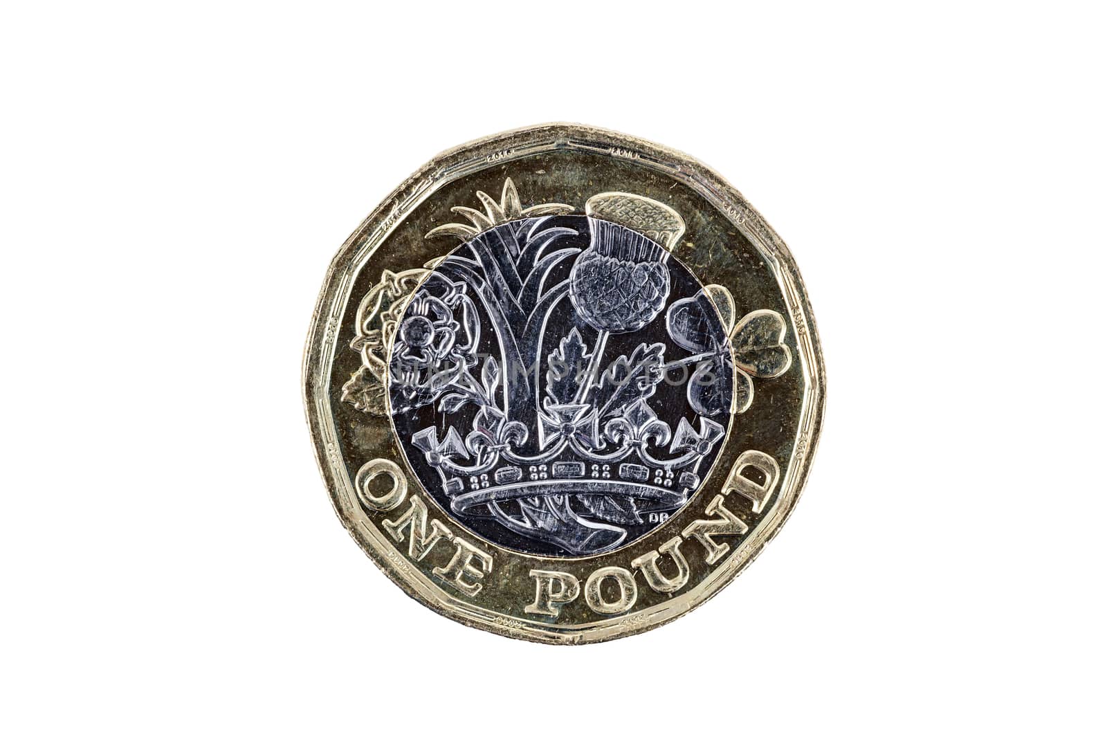 New one pound British coin of England UK introduced in 2017 which show emblems of each of the nations cut out and isolated on a white background