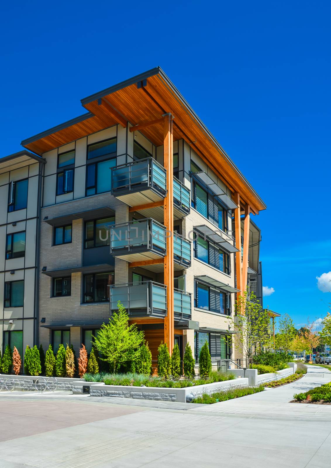 Brand new apartment building on sunny day in British Columbia, Canada