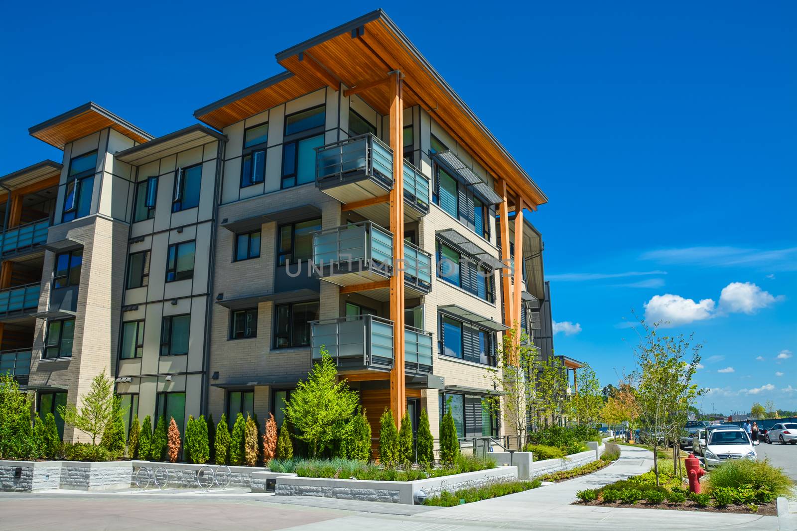 Brand new apartment building on sunny day in British Columbia, Canada