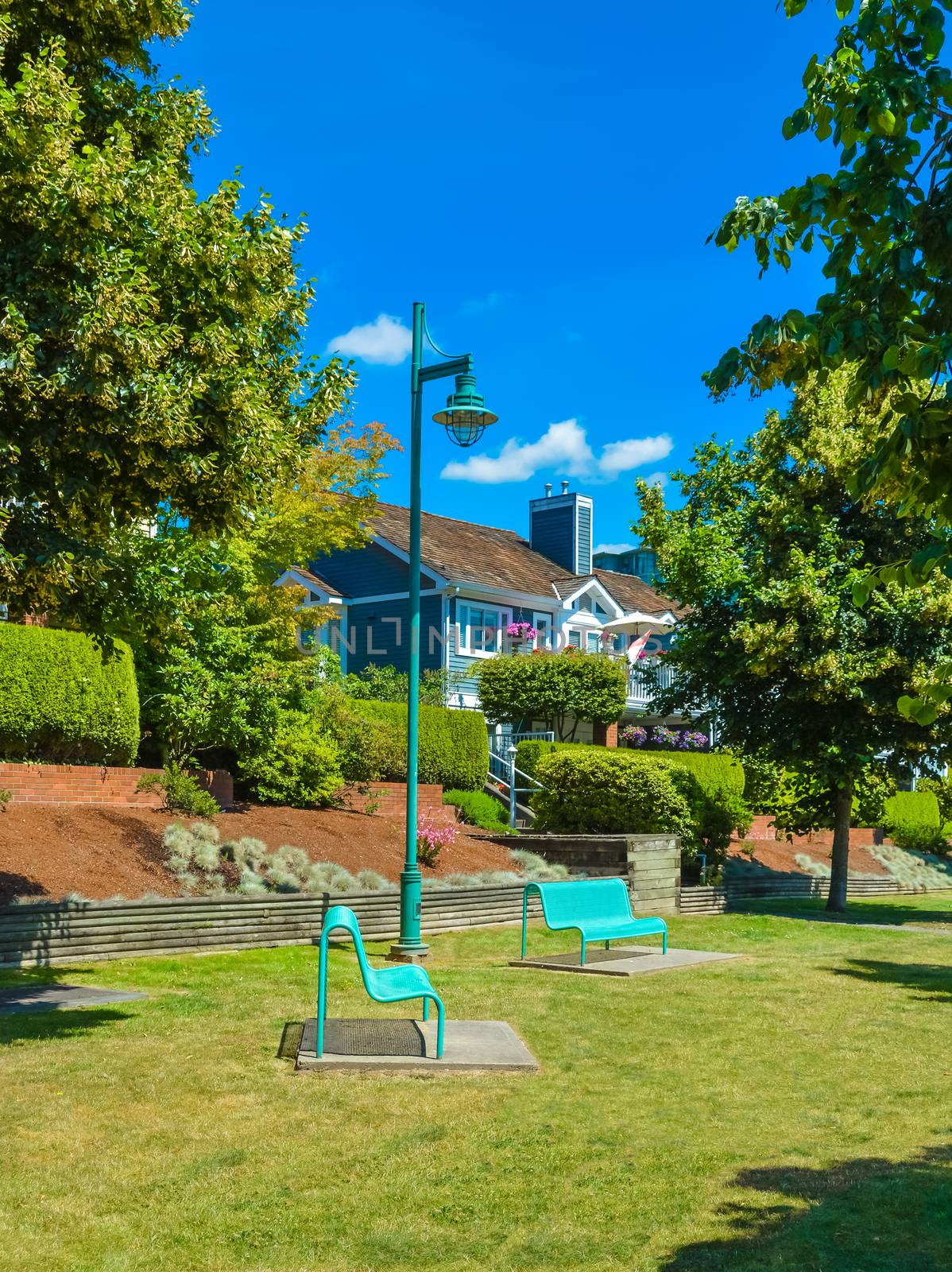 Bench and street light in community park