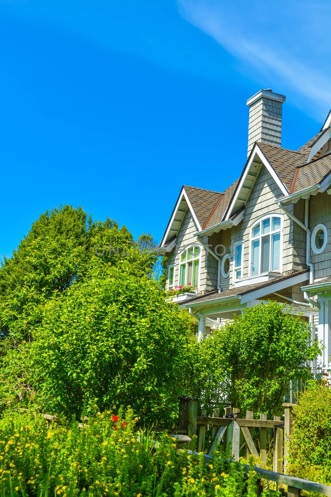 Residential townhouses on sunny day in Vancouver, British Columbia, Canada