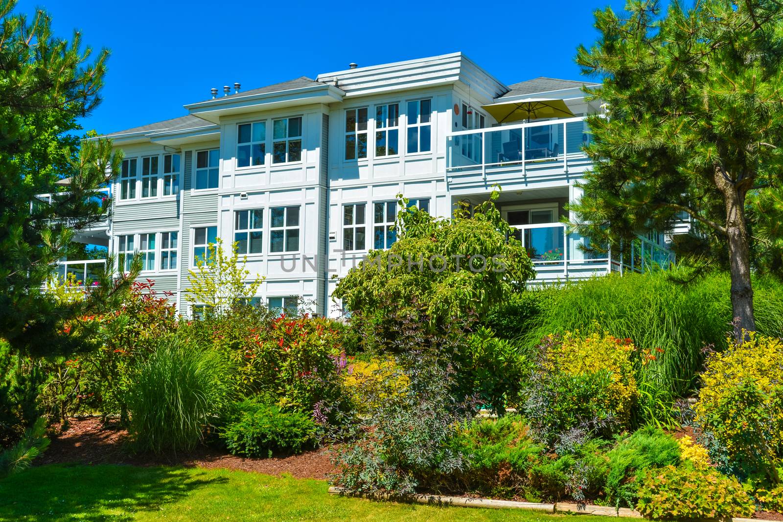 Luxury apartment building with landscaped lawn in front