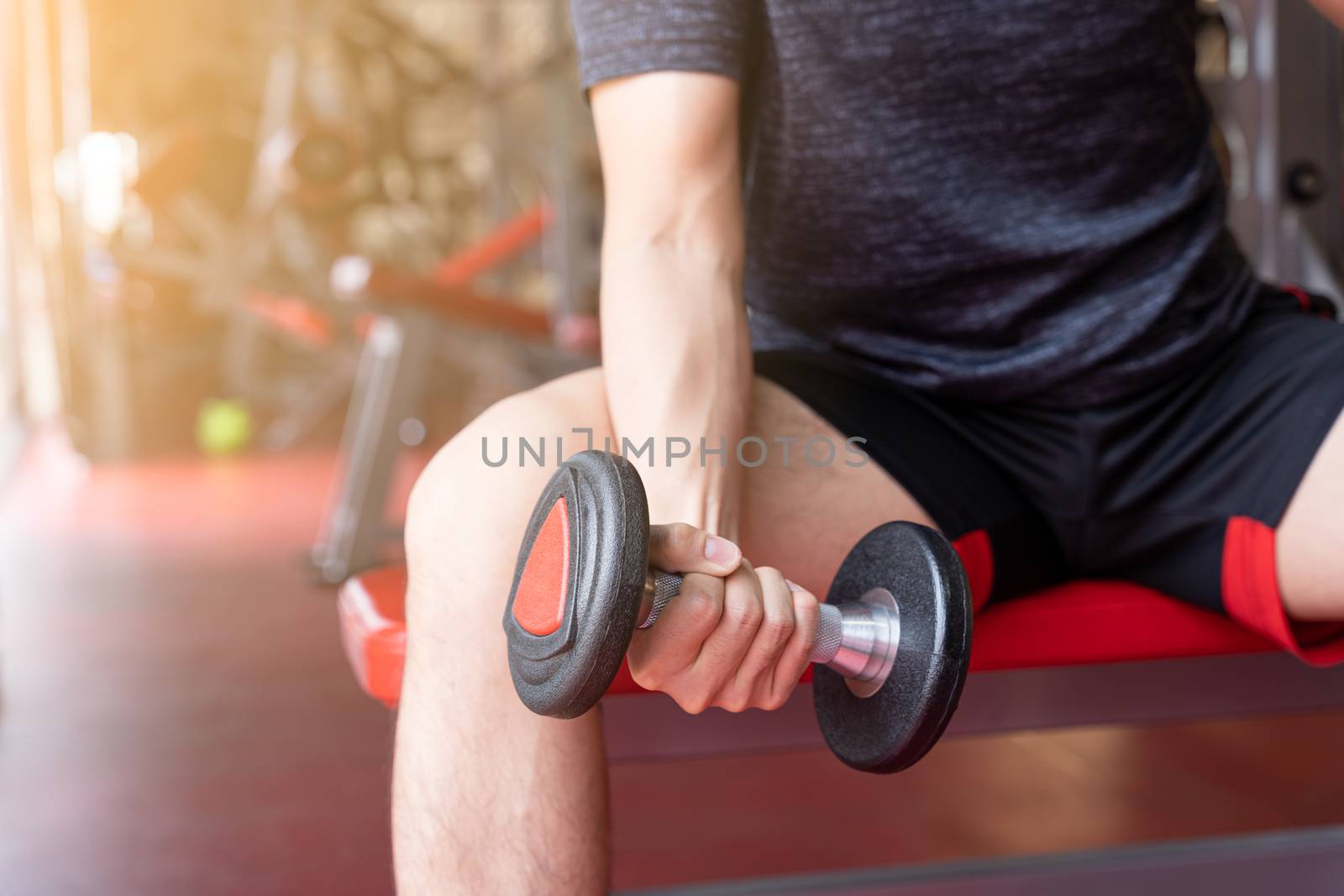 Bodybuilder working out with dumbbell weights at the fitness gym. Female bodybuilder doing exercises with dumbbell. Fitness muscular body. Diet lifestyle, weight loss, healthy concept.
