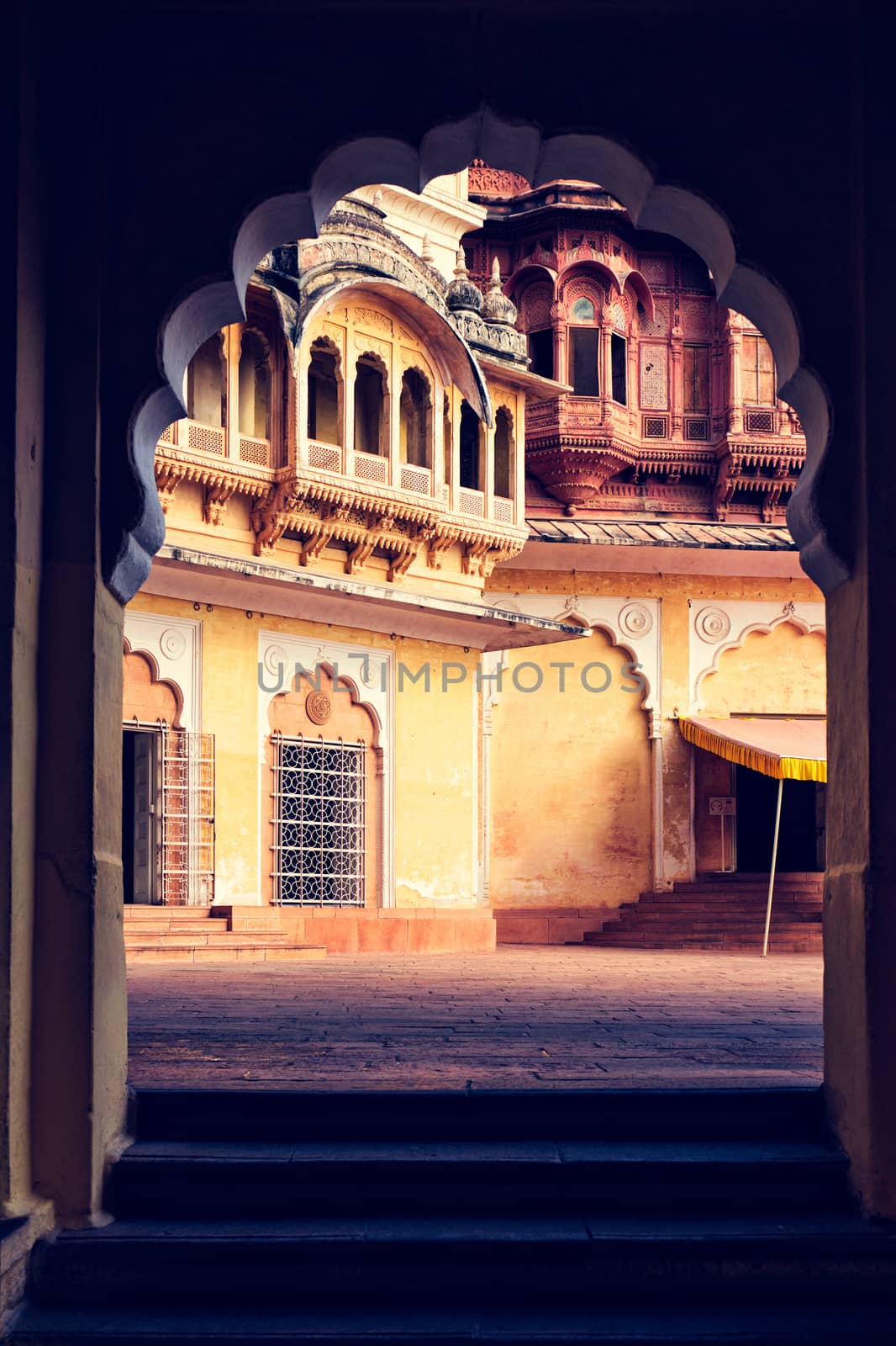 Arched gateway in Mehrangarh fort example of Rajput architecture. Jodhpur, Rajasthan, India