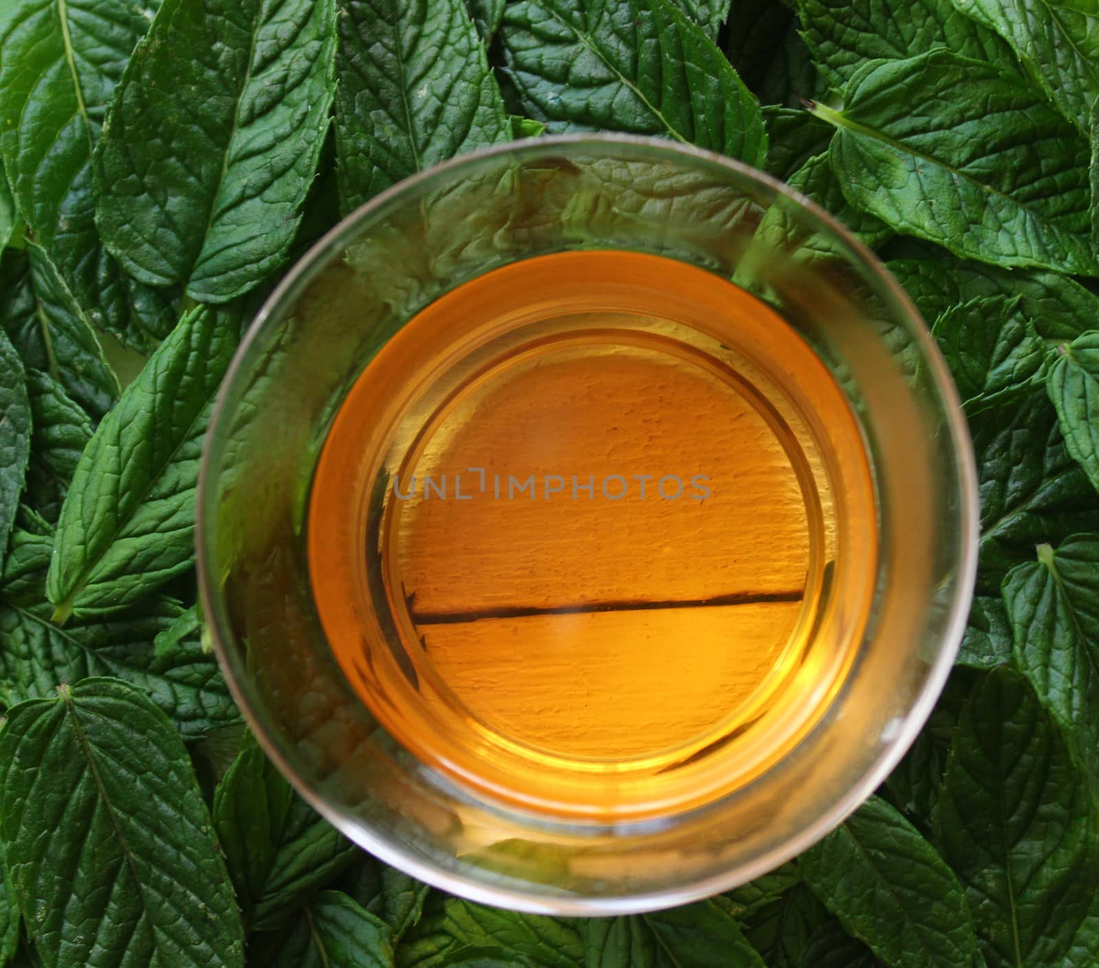The picture shows a cup of tea and fresh peppermint leaves