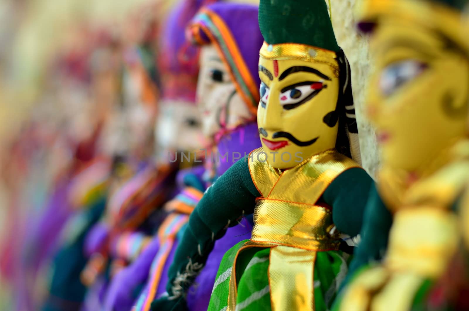 Rajasthani puppets (Kathputli) on display at shop in Mehrangarh Fort in Jodhpur. Kathputli is a string puppet theatre, native to Rajasthan, India, and is the most popular form of Indian puppetry.