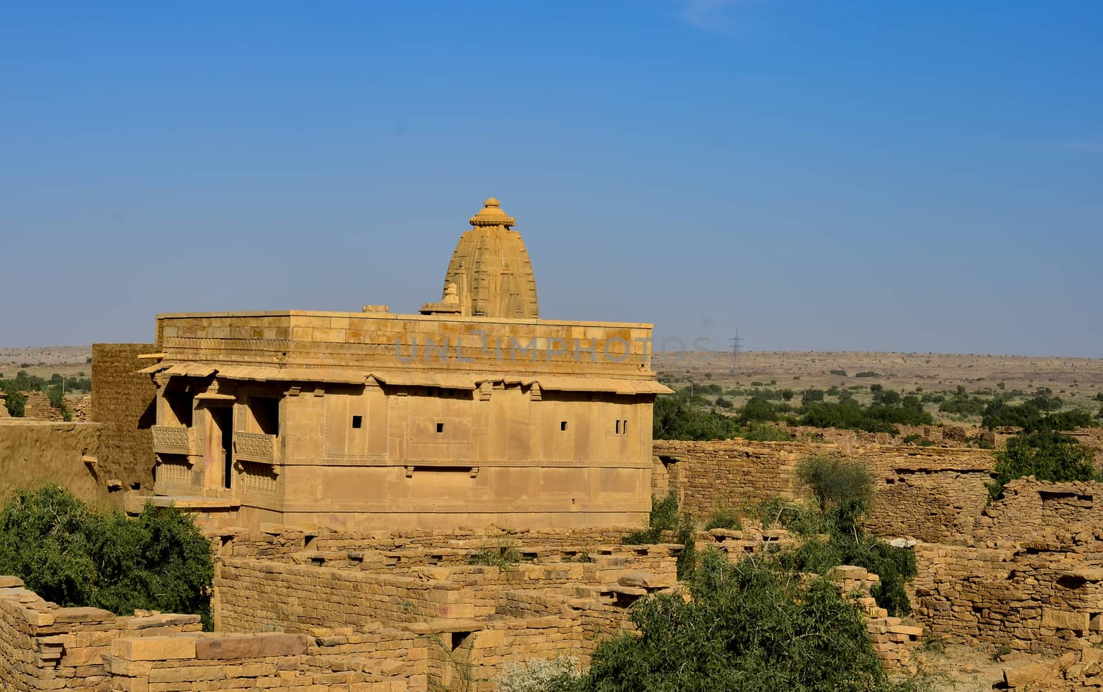 Temple in an abandoned town of Kuldhara near Jaisalmer on the way to Sam Sand Dunes, Rajasthan, India. Established around 13th century, it was once a prosperous village inhabited by Paliwal Brahmins