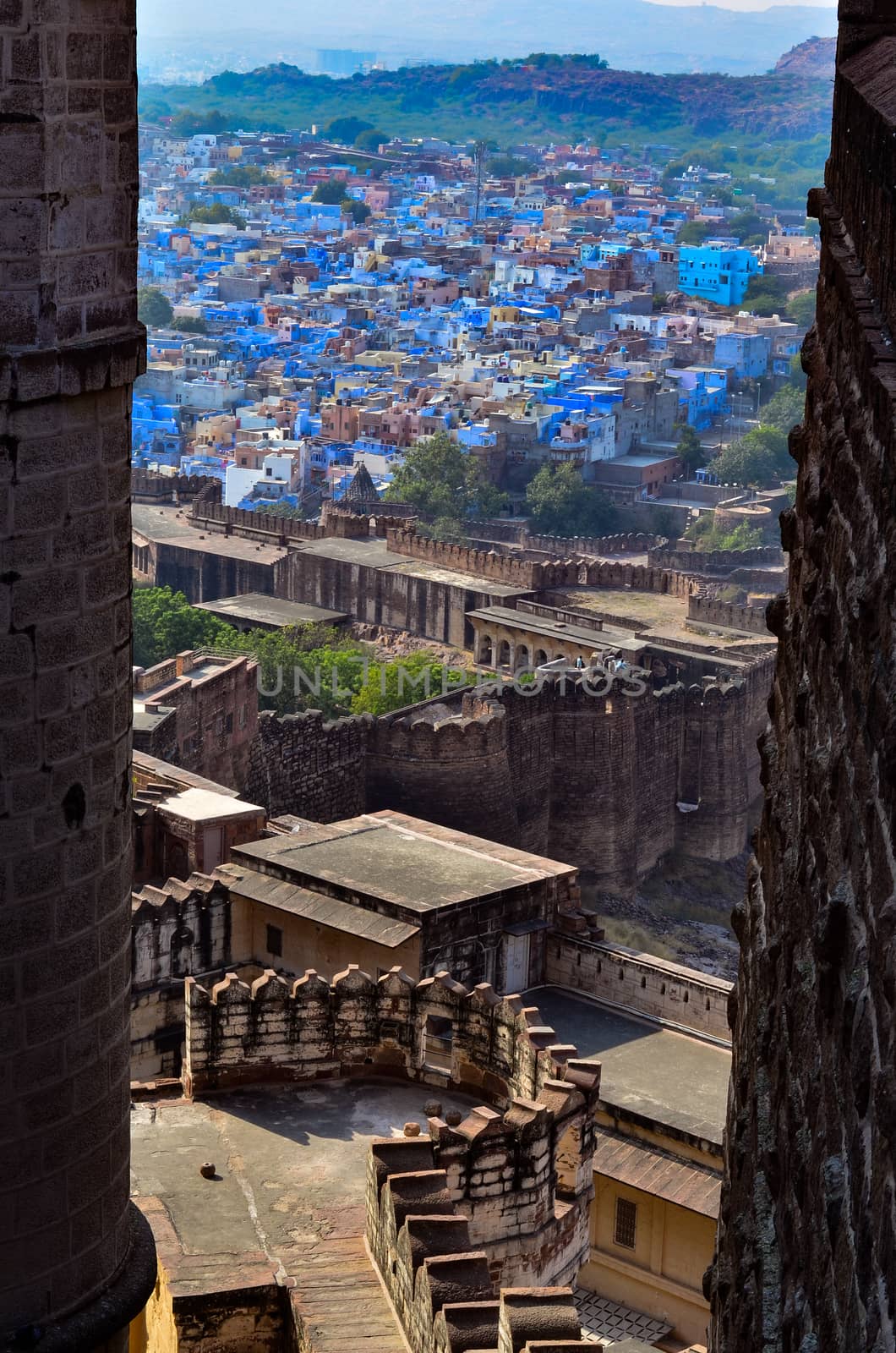 Aerial view of Jodhpur, the blue city showing the blue colored houses from Mehrangarh Fort, Jodhpur, Rajasthan, India