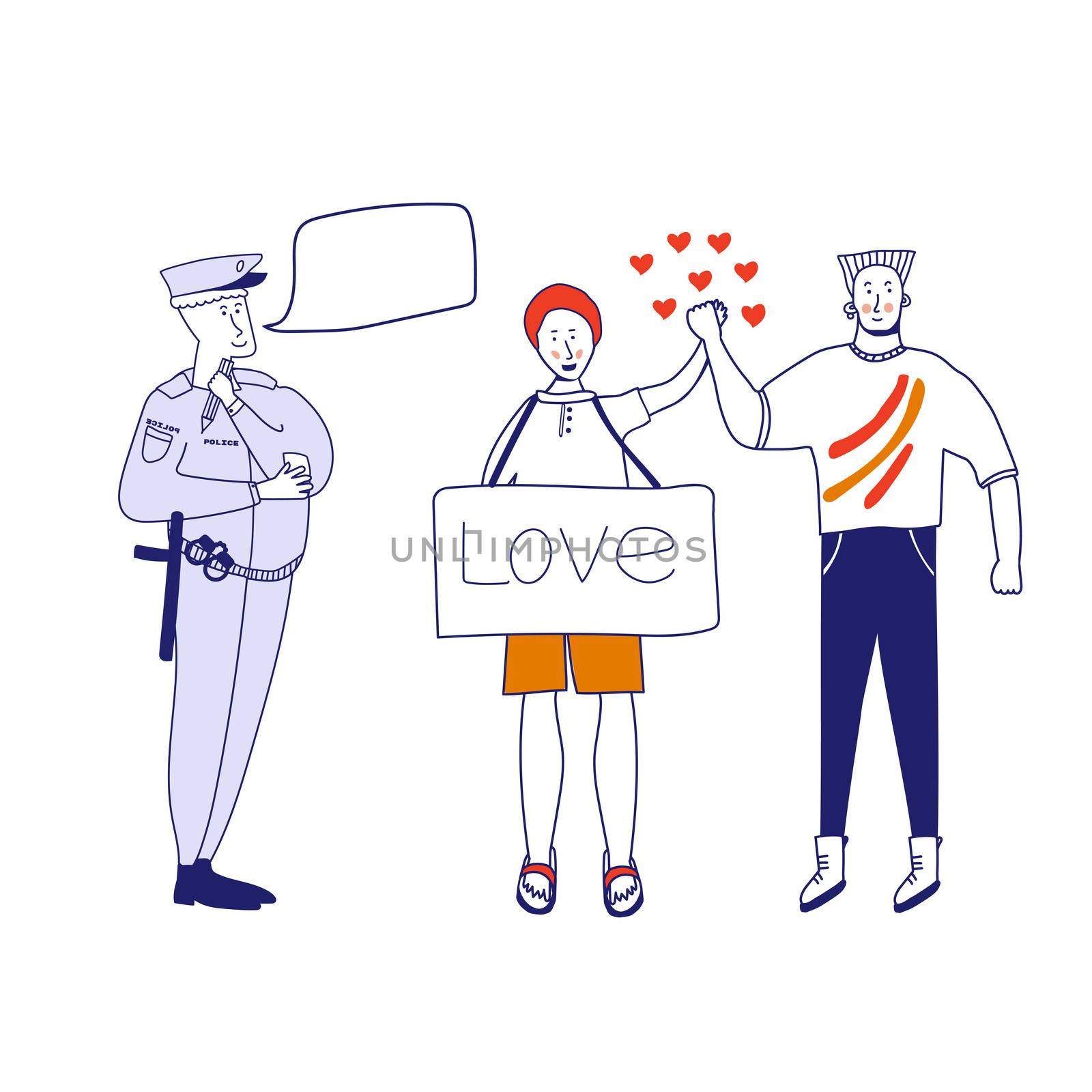 A policeman writes a fine to a couple of gays. A policeman congratulates a couple of men in love. Concept art love card. illustration in cartoon style