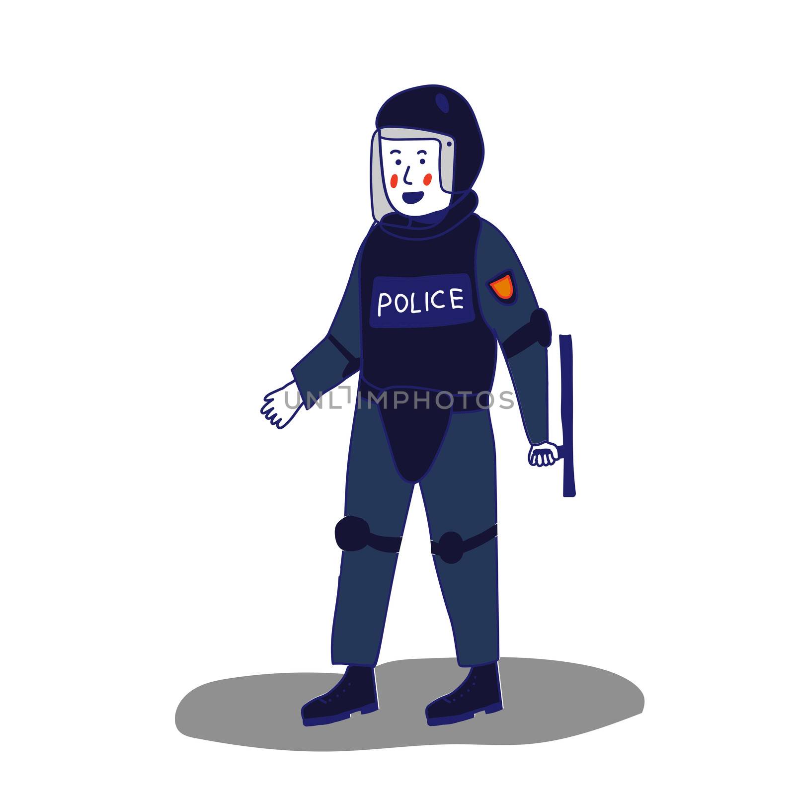 Uniformed police officer standing with a shield and a baton on a white background in cartoon style. illustration with a blue line. by zaryov
