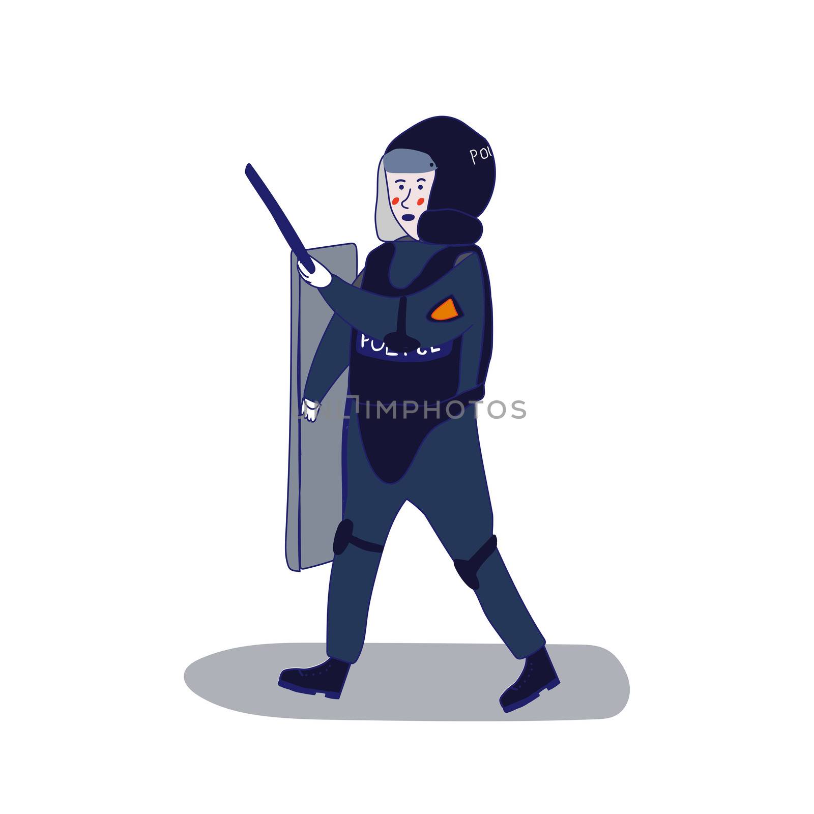 Uniformed police officer standing with a shield and a baton on a white background in cartoon style. illustration with a blue line. by zaryov