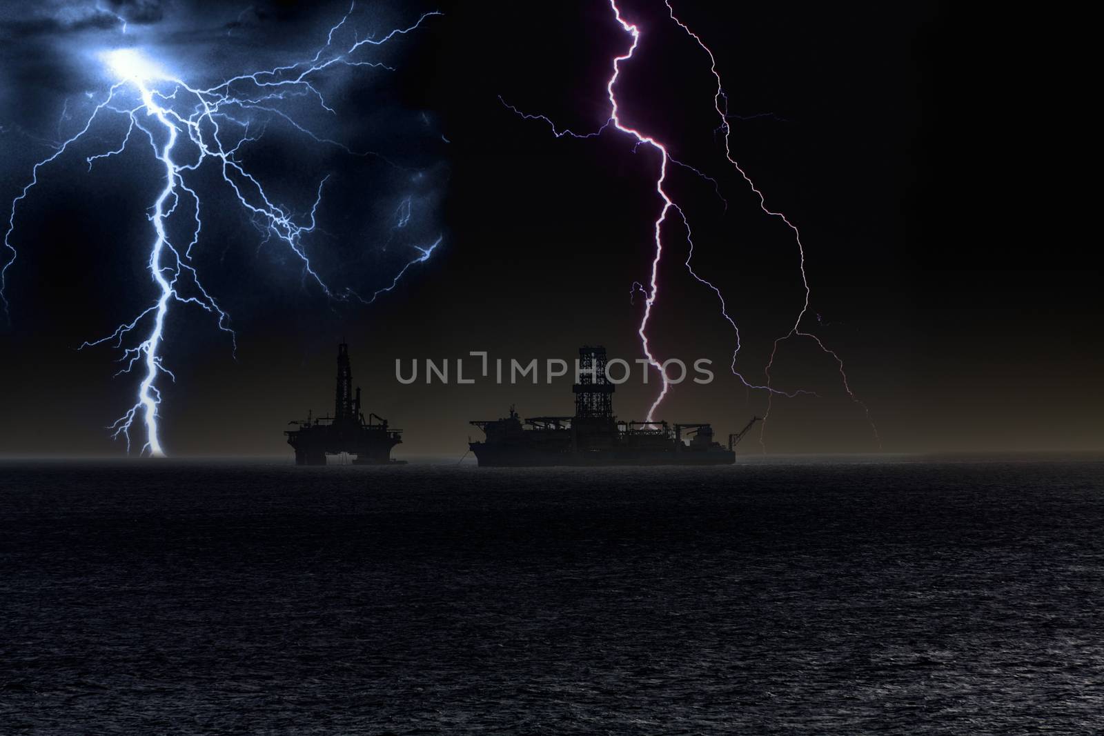 Floating Oil Rigs on Ocean in Storm by dbvirago