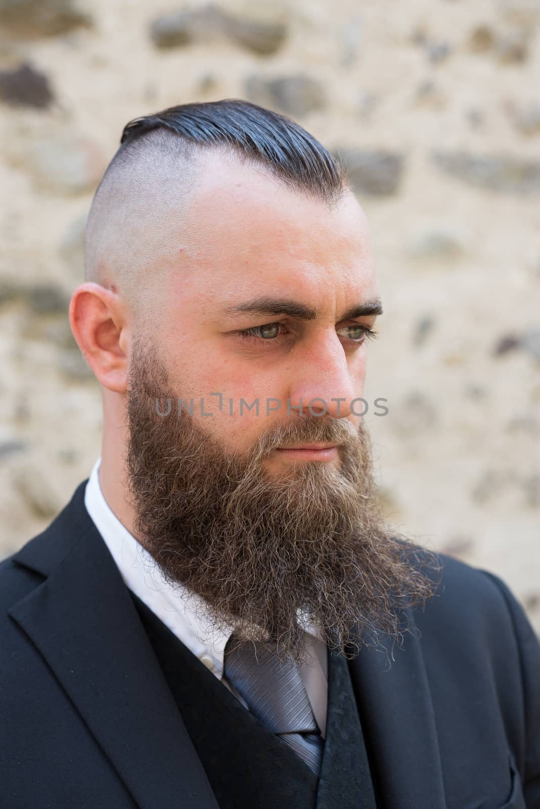 Profile portrait of a man with a long beard and a short haircut in elegant clothes