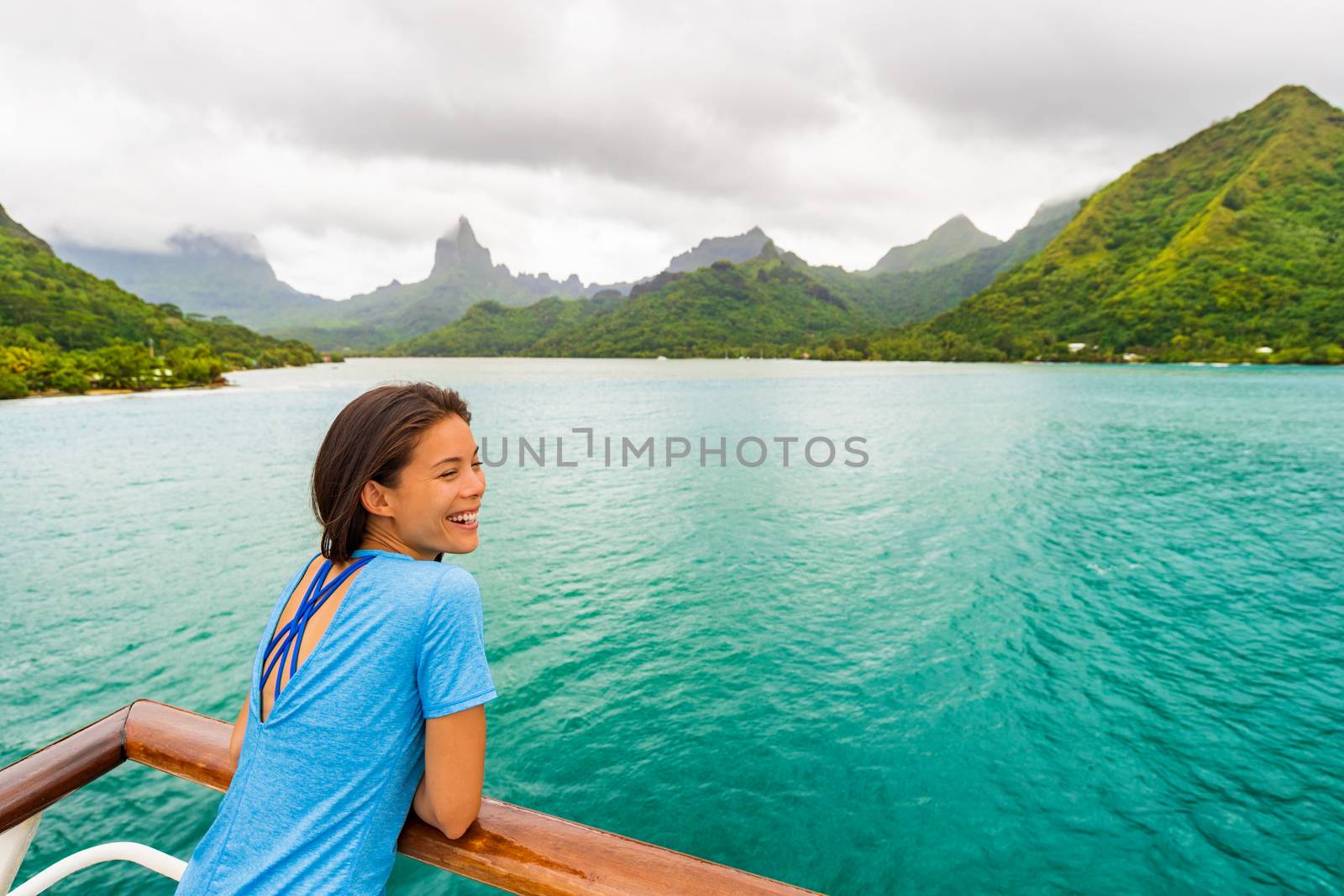 Tahiti cruise ship travel vacation woman on balcony of yacht traveling on exotic oceania adventure by Maridav