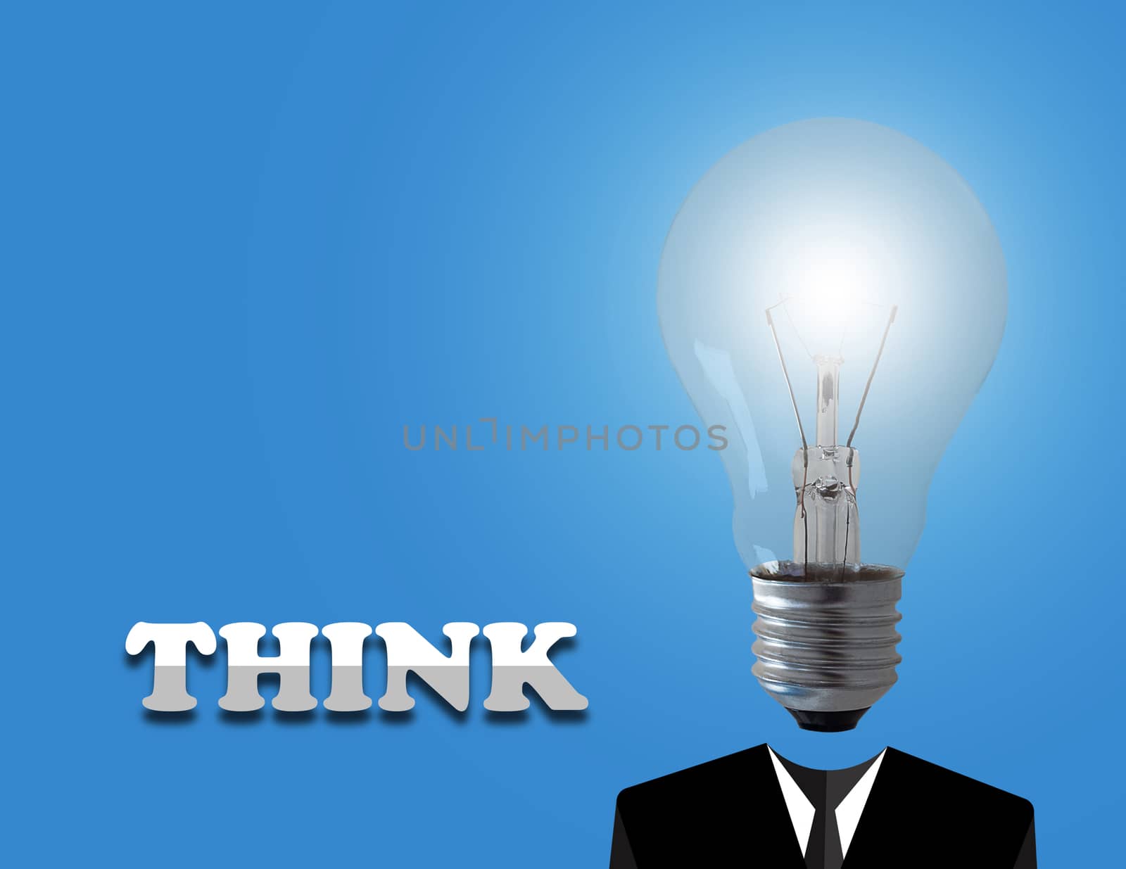 Think big concept, light bulb and business man on blue background