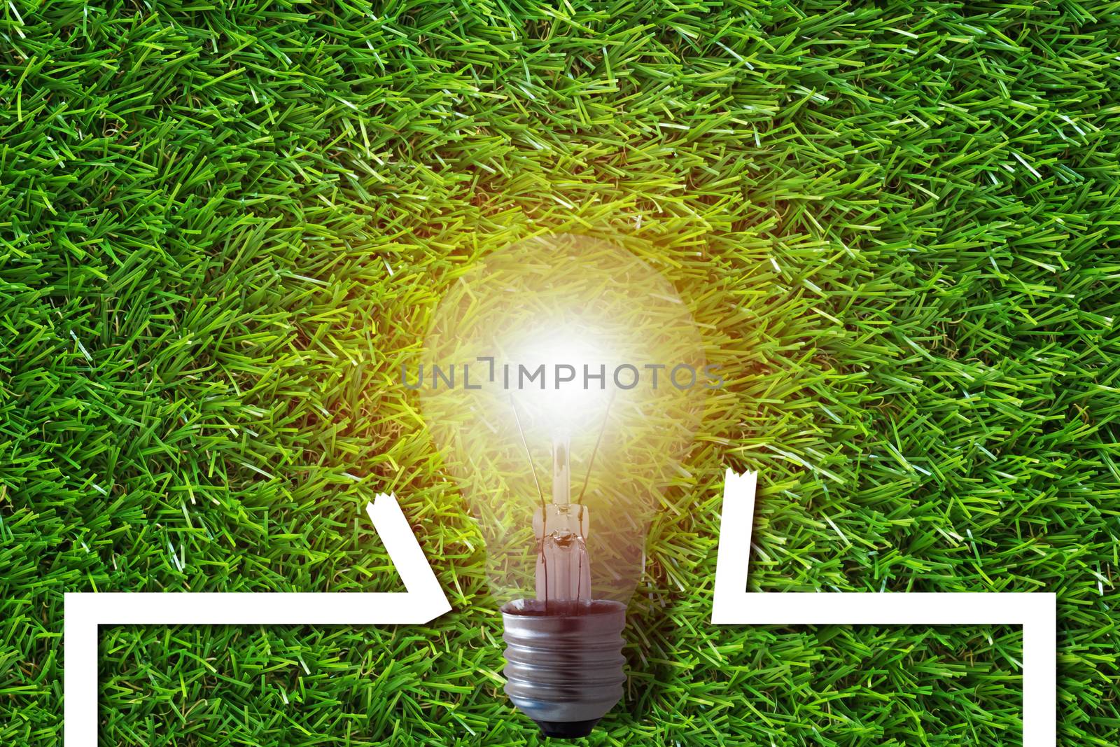 Think outside the box concept, light bulb and frame on green grass background, idea and inspiration 