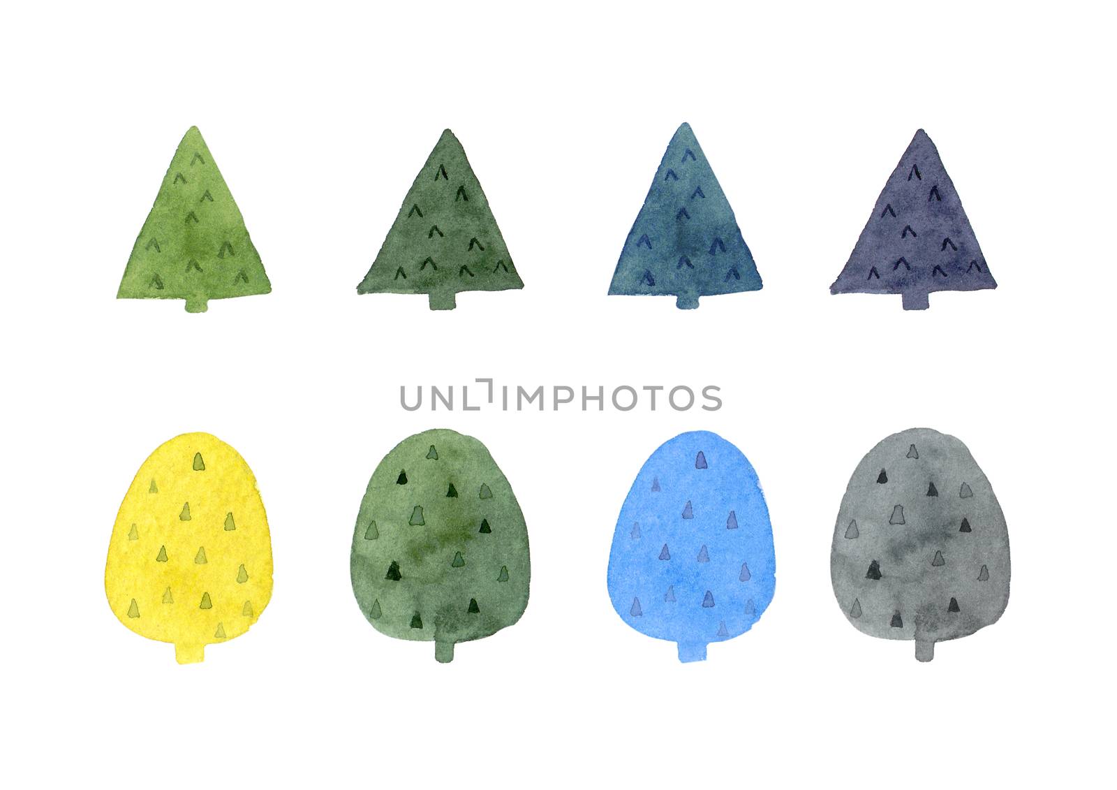 minimal cute tree set. Watercolor hand painting illustration. by Ungamrung