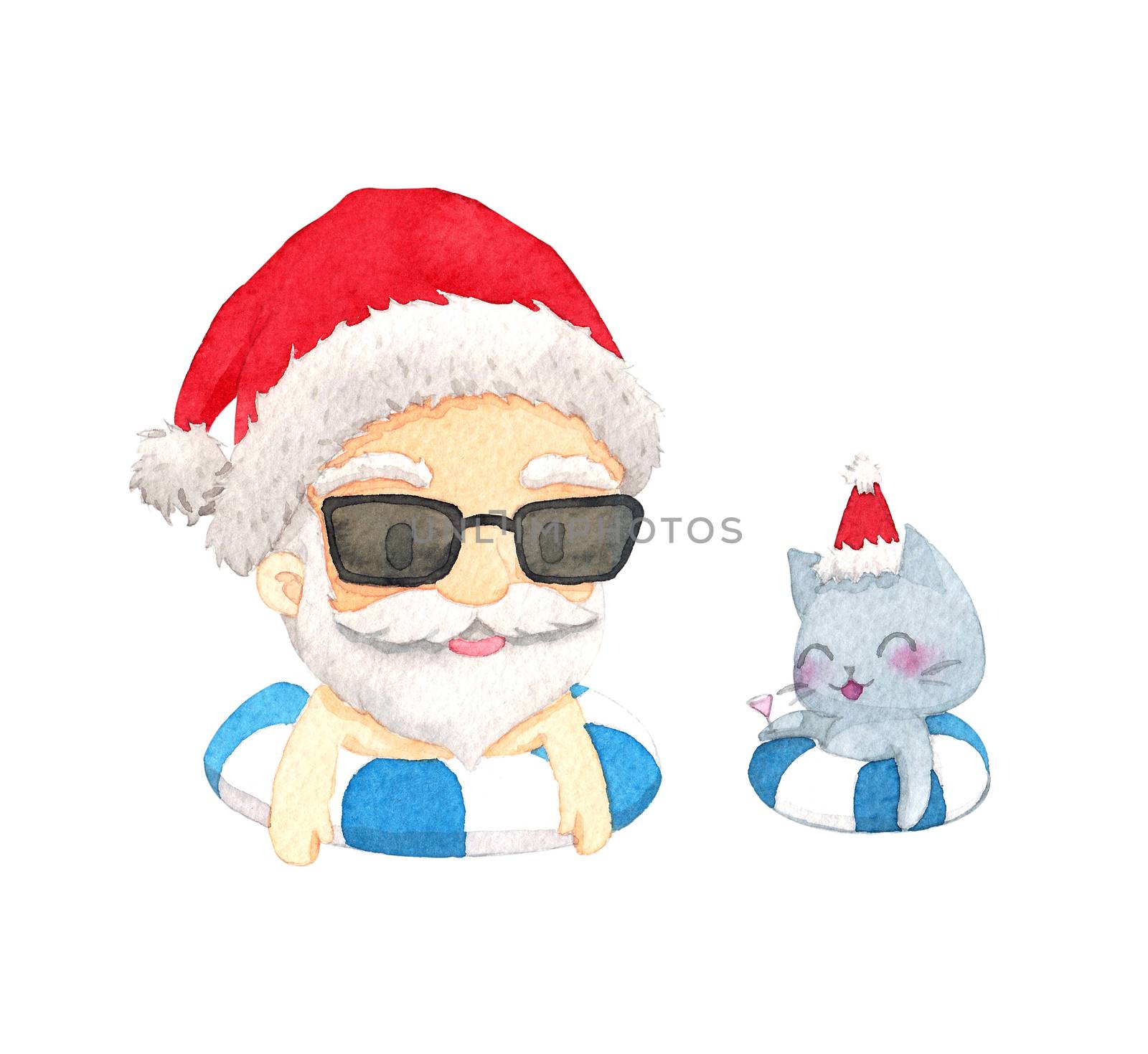 Santa Claus and cat on the air inflatable ring. Cute cartoon character design on white background. Christmas in June for poster, marketing, advertising, summer sale, greeting card. clipping path by Ungamrung