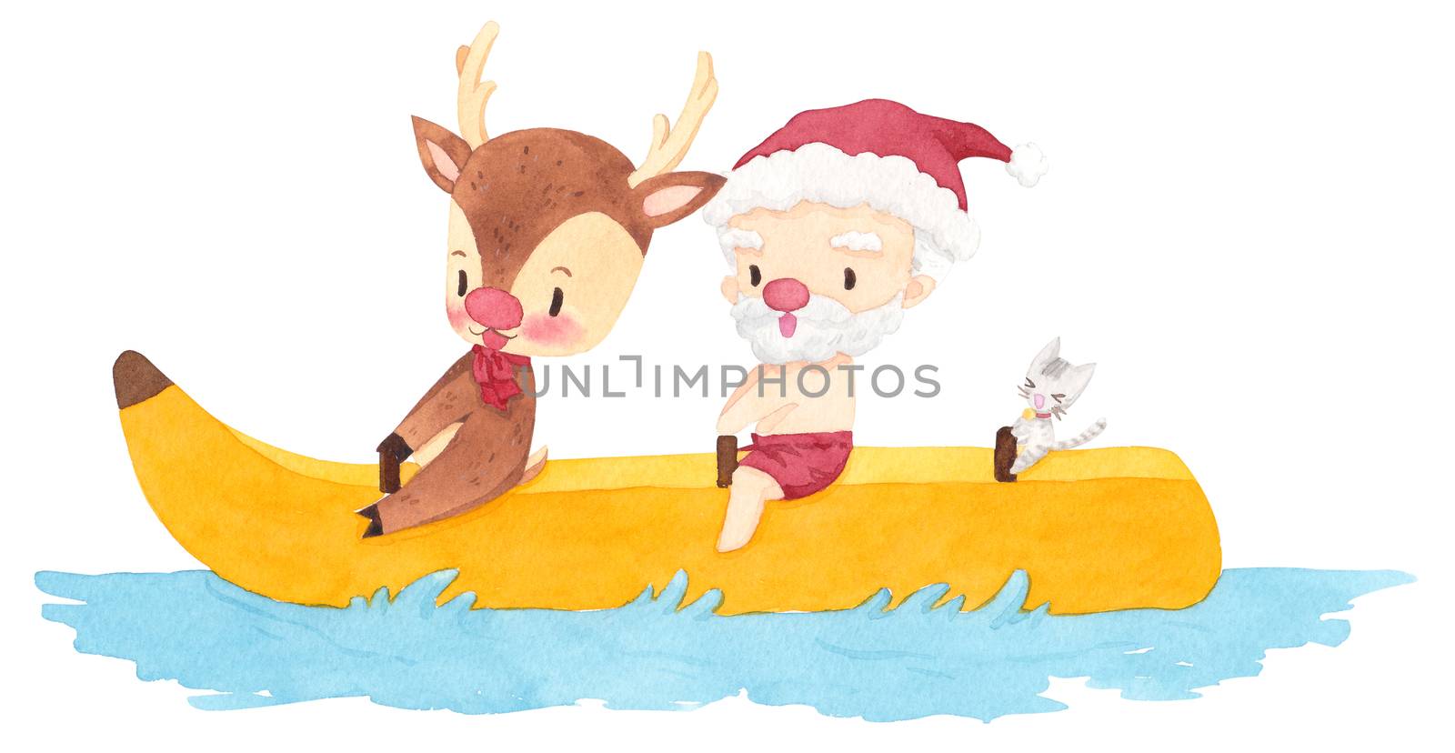 Santa claus, deer and cat on a banana boat. Cute cartoon character design on white background. Christmas in June for poster, marketing, advertising, summer sale, greeting card. clipping path. by Ungamrung