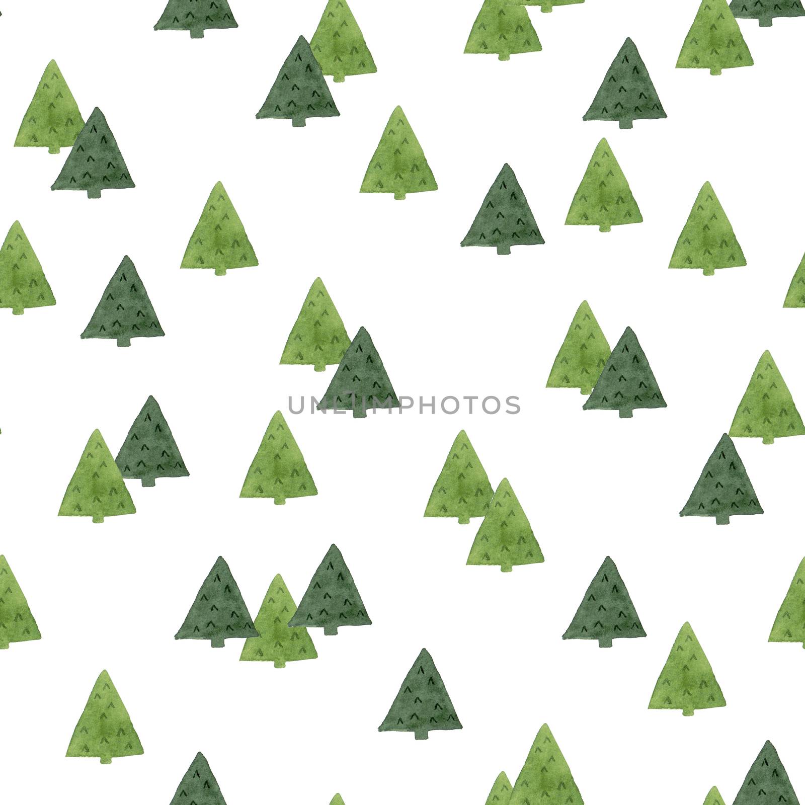 Cute tree seamless pattern on white background. Watercolor hand painting. Design for Christmas events, wrapping paper, and textiles. by Ungamrung