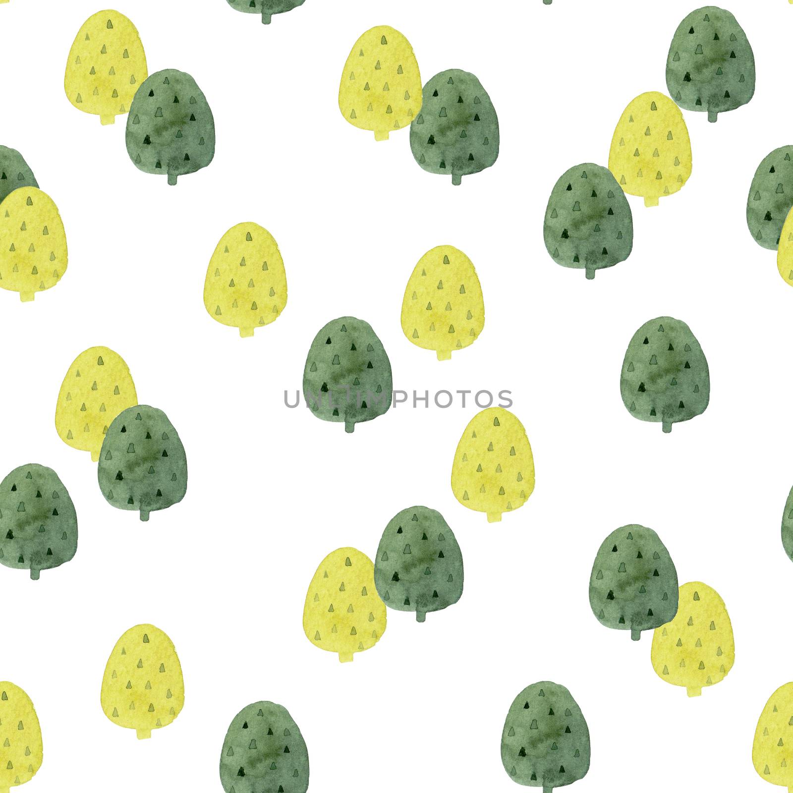 Cute tree pattern on white background. Watercolor hand painting. Design for wrapping paper, and textiles. by Ungamrung