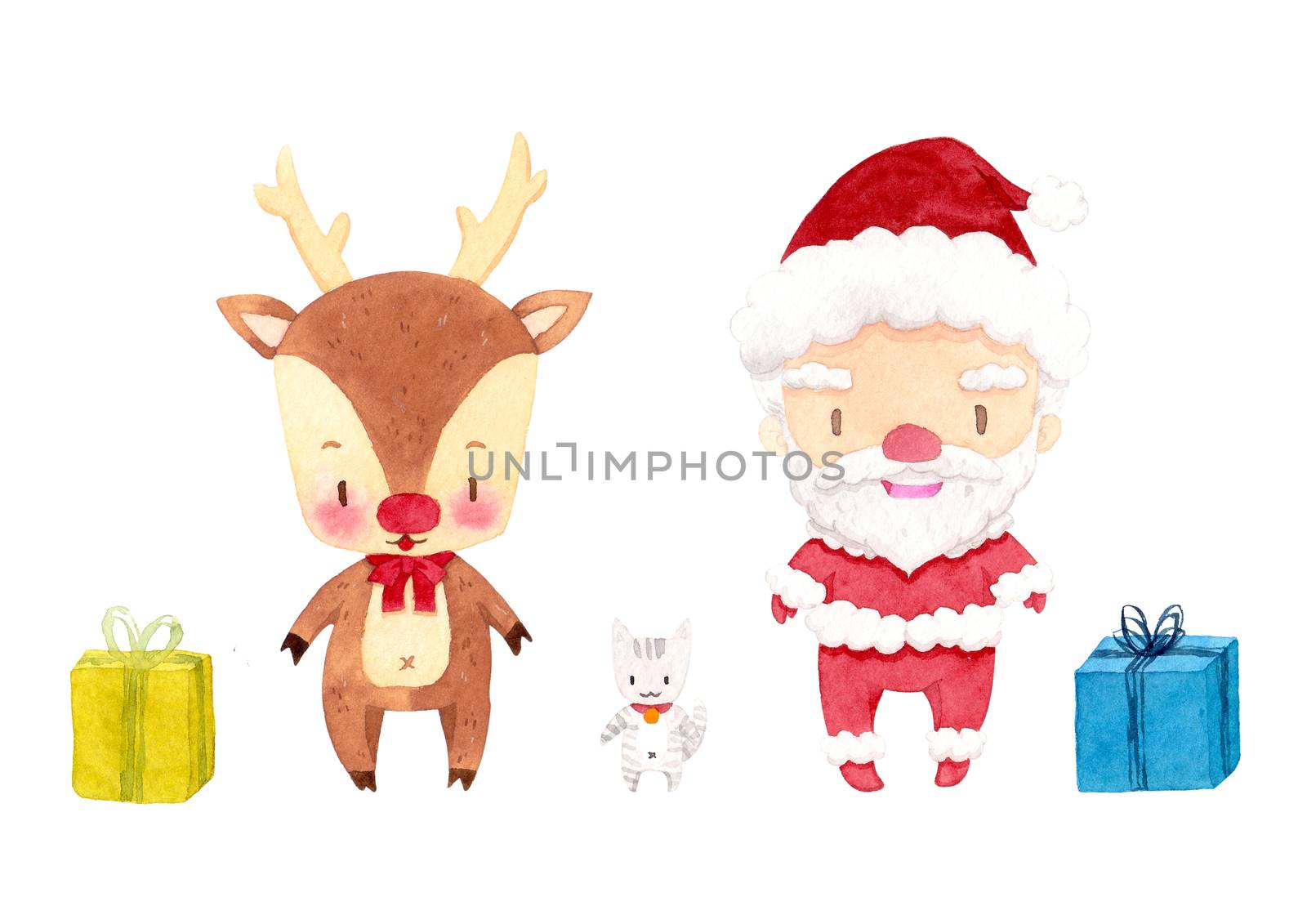 Cute Santa Claus, reindeer, cat and gift boxes. cartoon character watercolor hand painting for decoration in winter, Christmas, and new year festival advertising. isolated on white background. clipping path. by Ungamrung