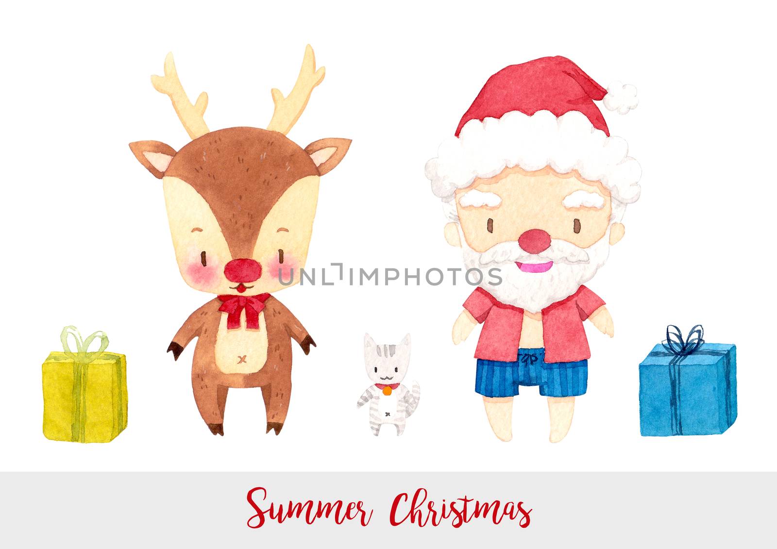 Cute Santa Claus, reindeer, cat and gift boxes. cartoon character watercolor hand painting for decoration in winter, Christmas, and new year festival advertising. isolated on white background. clipping path.