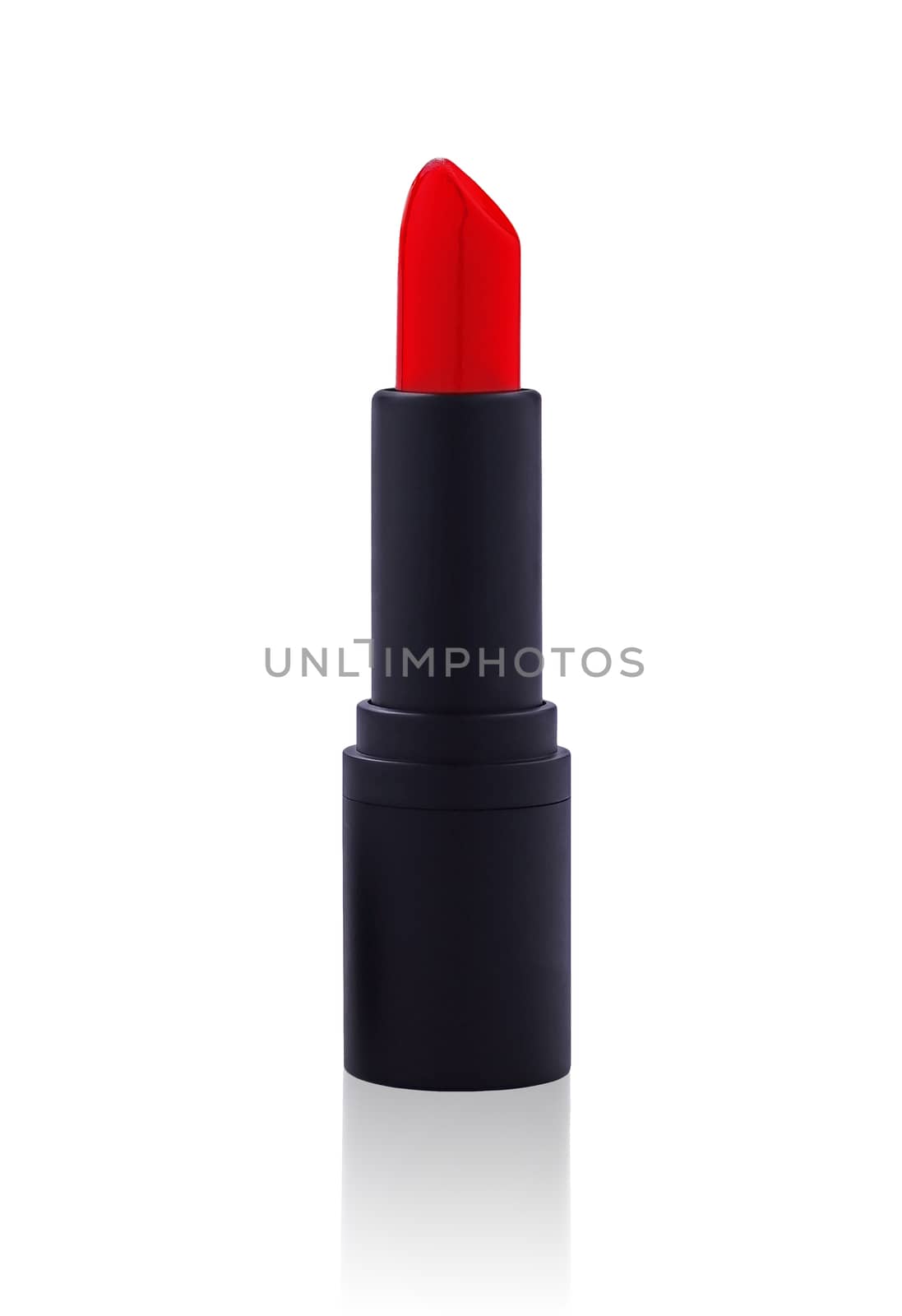 Isolate red lipstick in black tube on white background, beauty concept