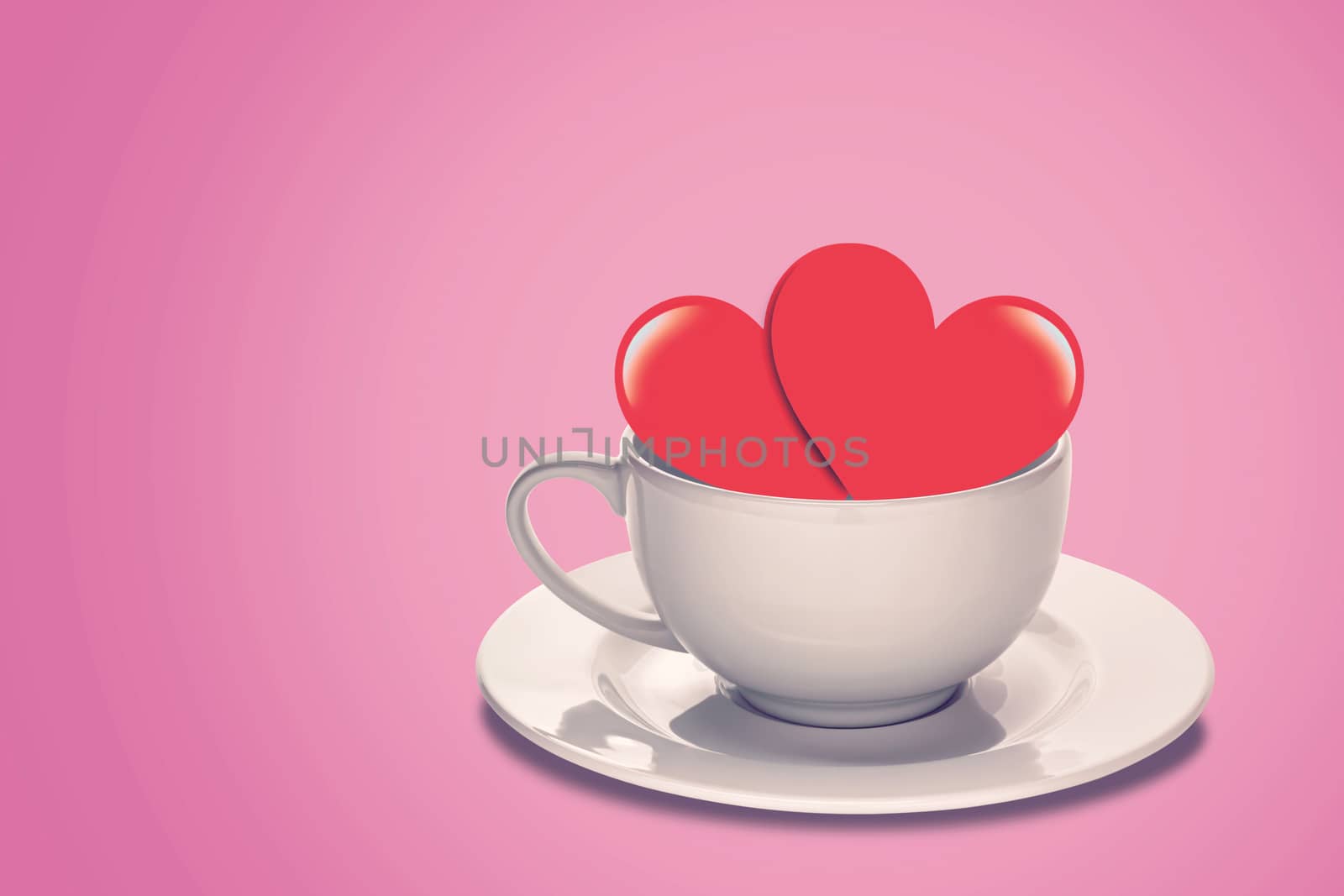 Red heart and coffee cup on pink vintage background with copy space, love, valentine and wedding concept