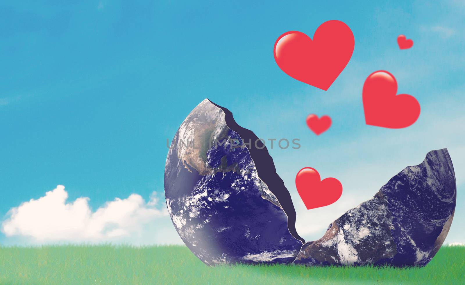 Red heart flying on blue sky background, valentine day, romantic and falling in love concept, Elements of this image furnished by NASA