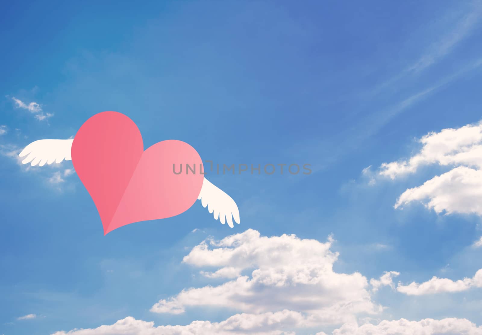 Pink paper heart flying on blue sky background, valentine day, romantic and falling in love concept