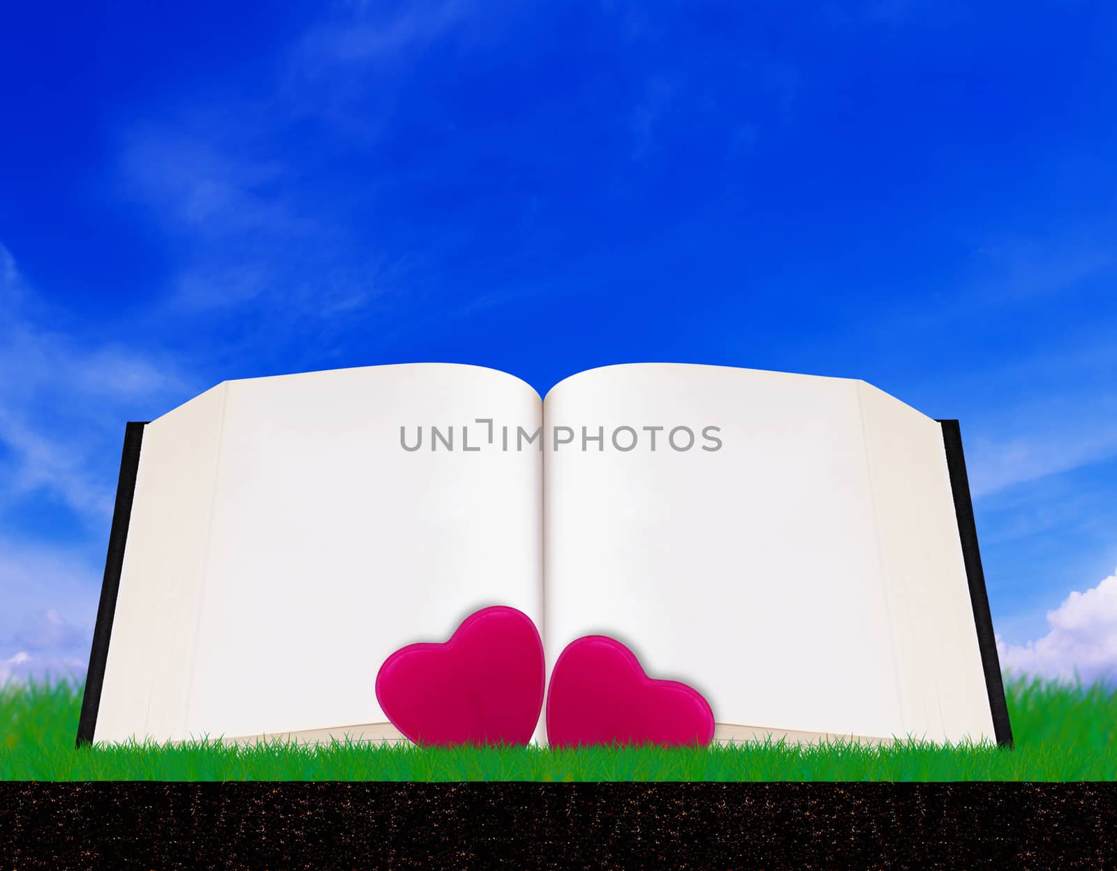 Love story and valentine day concept on blue sky background, open book and heart, copy space