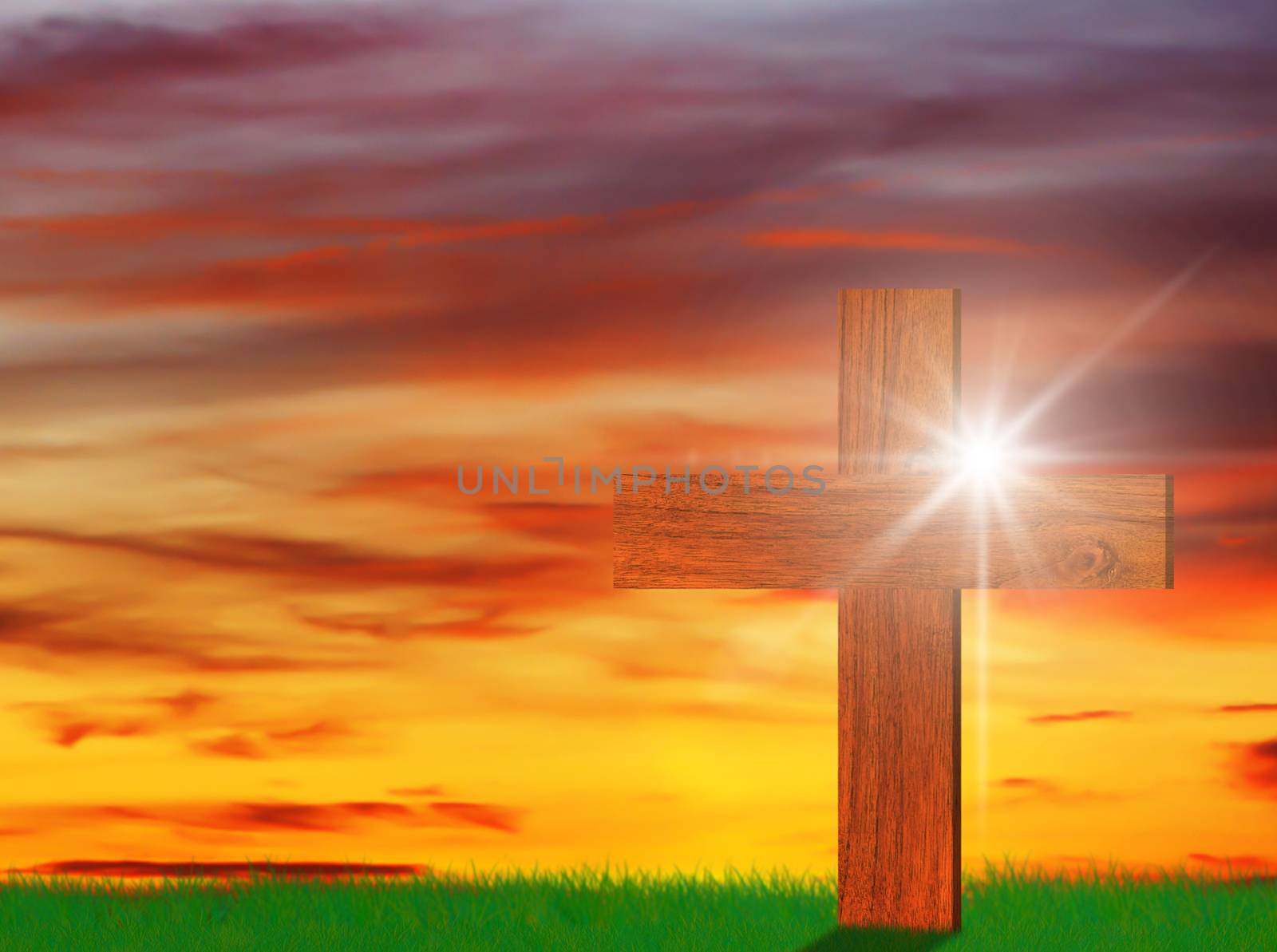Holy wooden christian cross on sky background