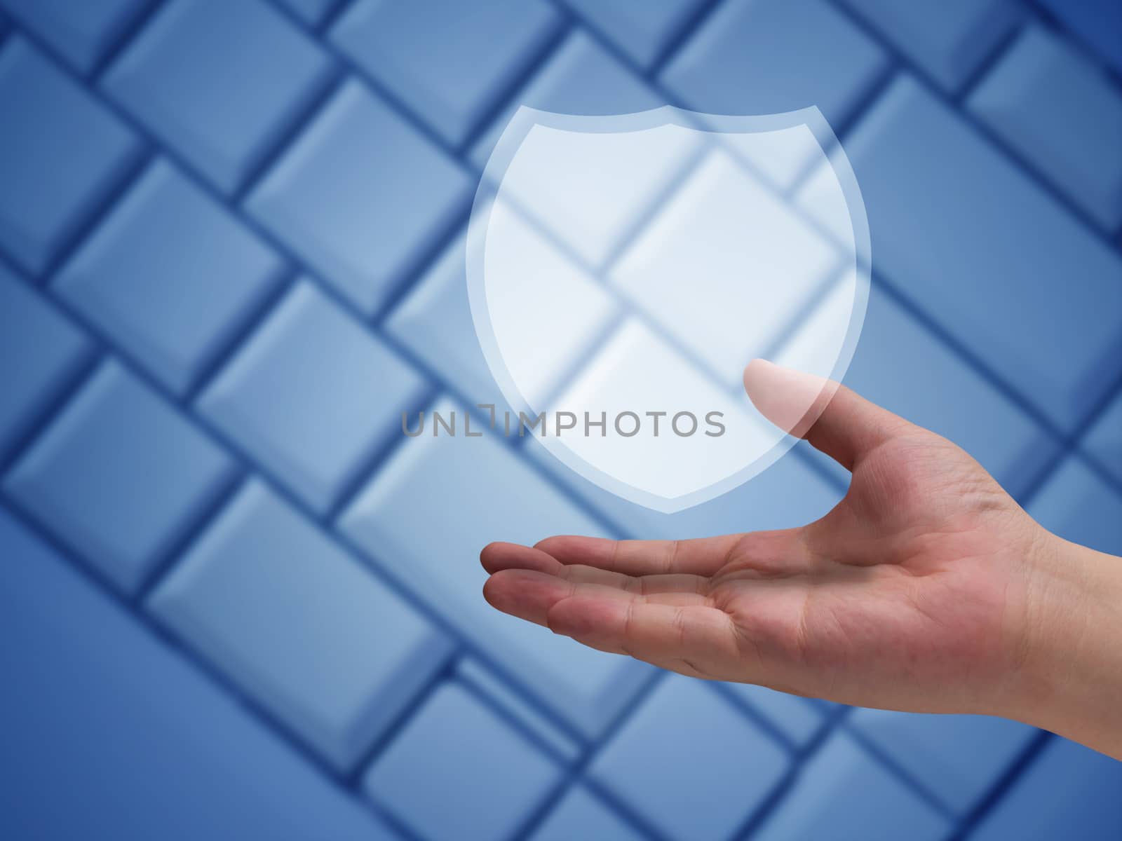 Internet security concept, hand and badge on blue background, network protection