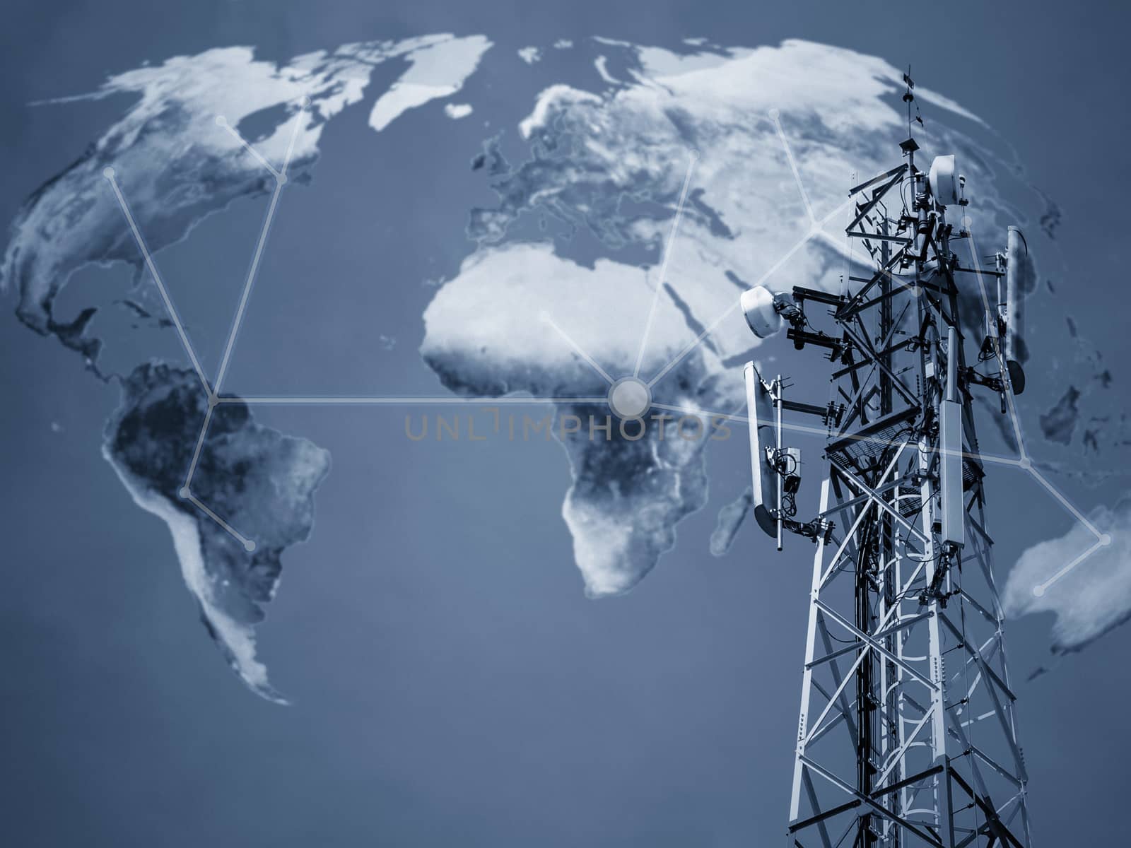 Broadcast tower, telecommunication concept on world map background, Elements of this image furnished by NASA