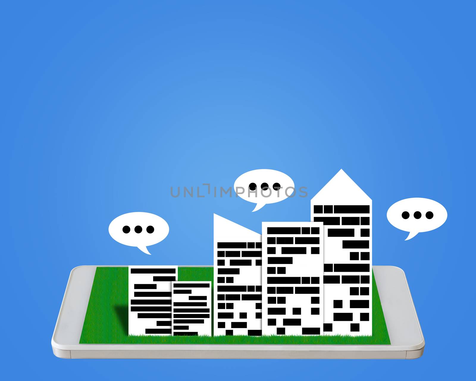 Social network concept, internet media, mobile phone and city on green grass background