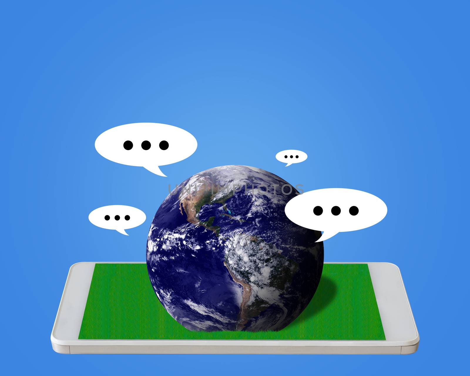 Social network concept, internet media, mobile phone on green grass background, Elements of this Image Furnished by NASA
