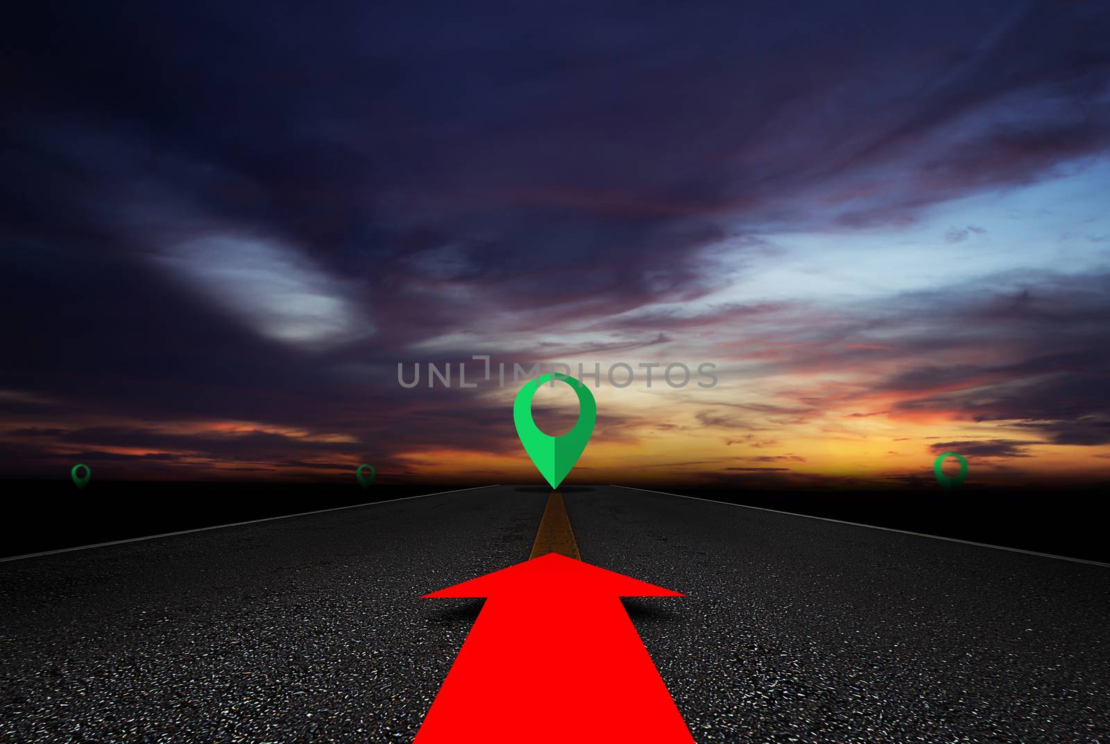 Navigation concept, road and red arrow with green pin on sky background