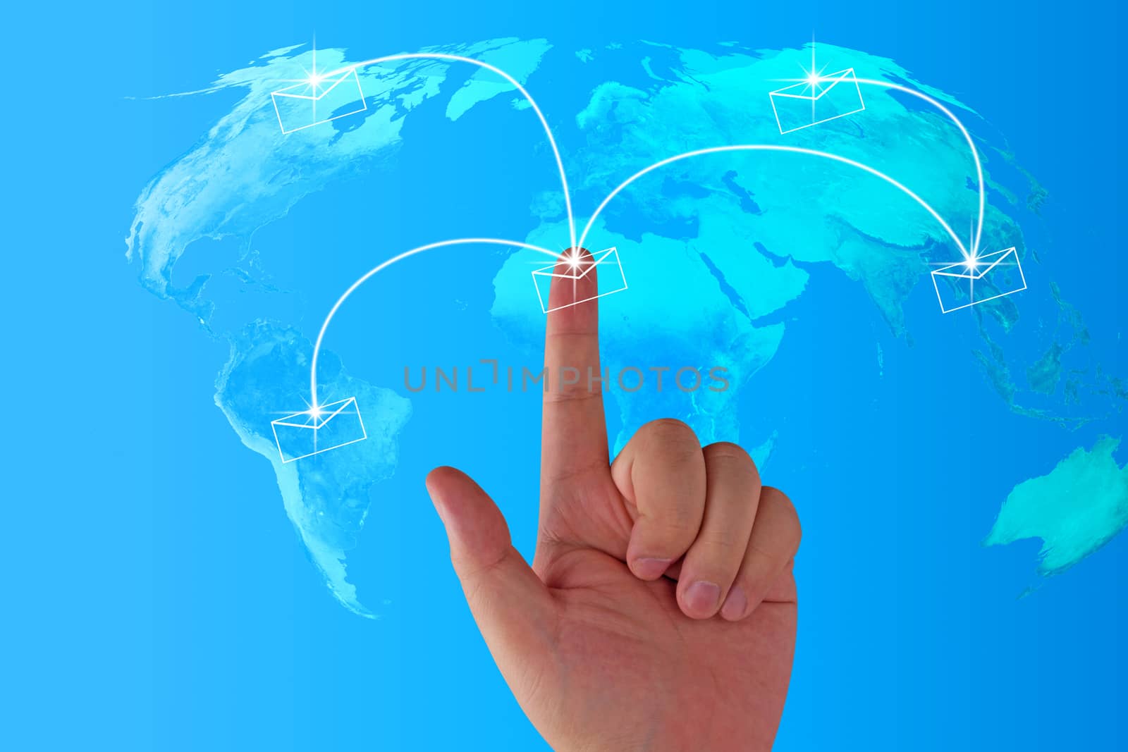 Email concept, world map and hand on blue background, Elements of this image furnished by NASA