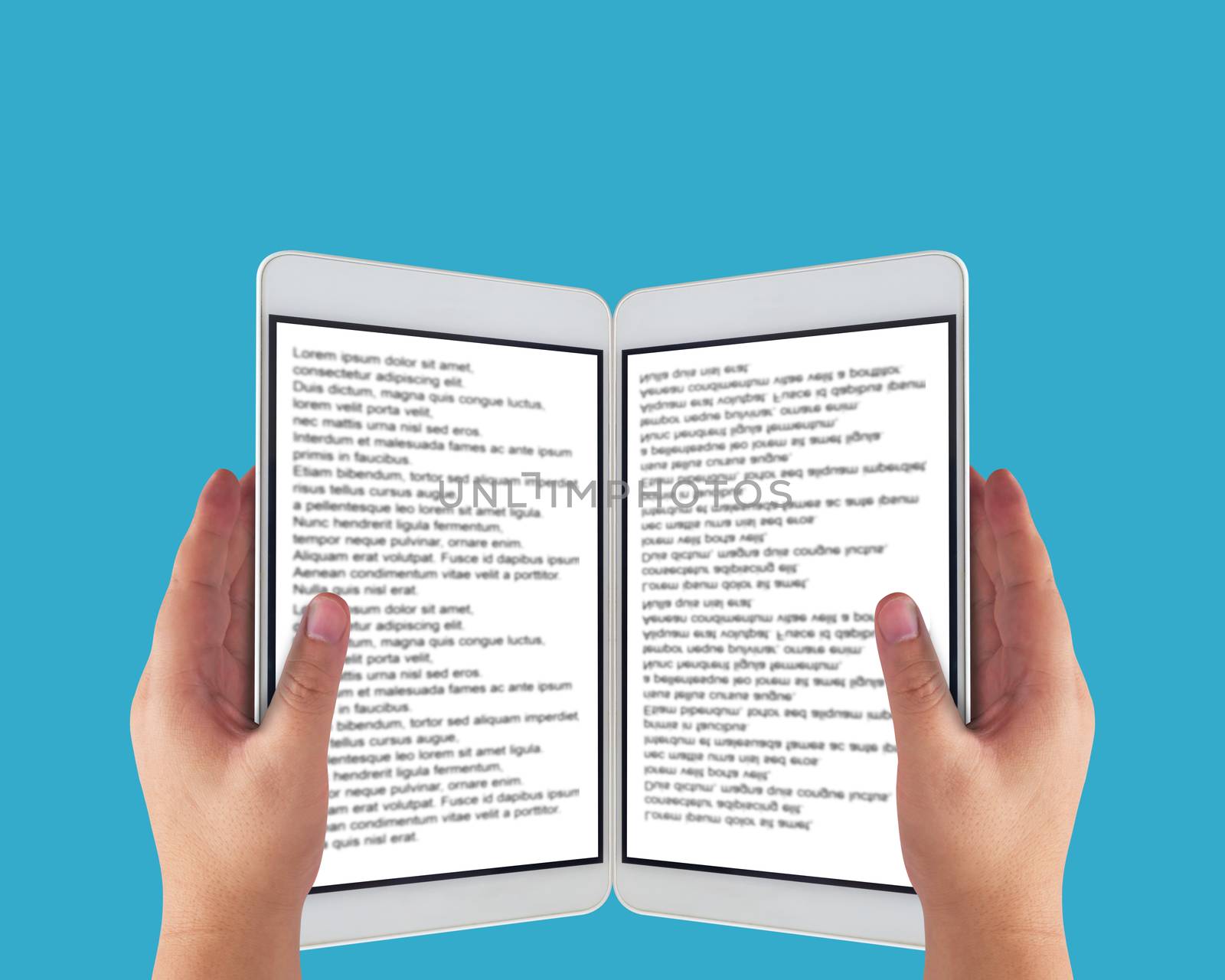 E-book, Electronic reading concept, internet content service, tablet and hand on blue background