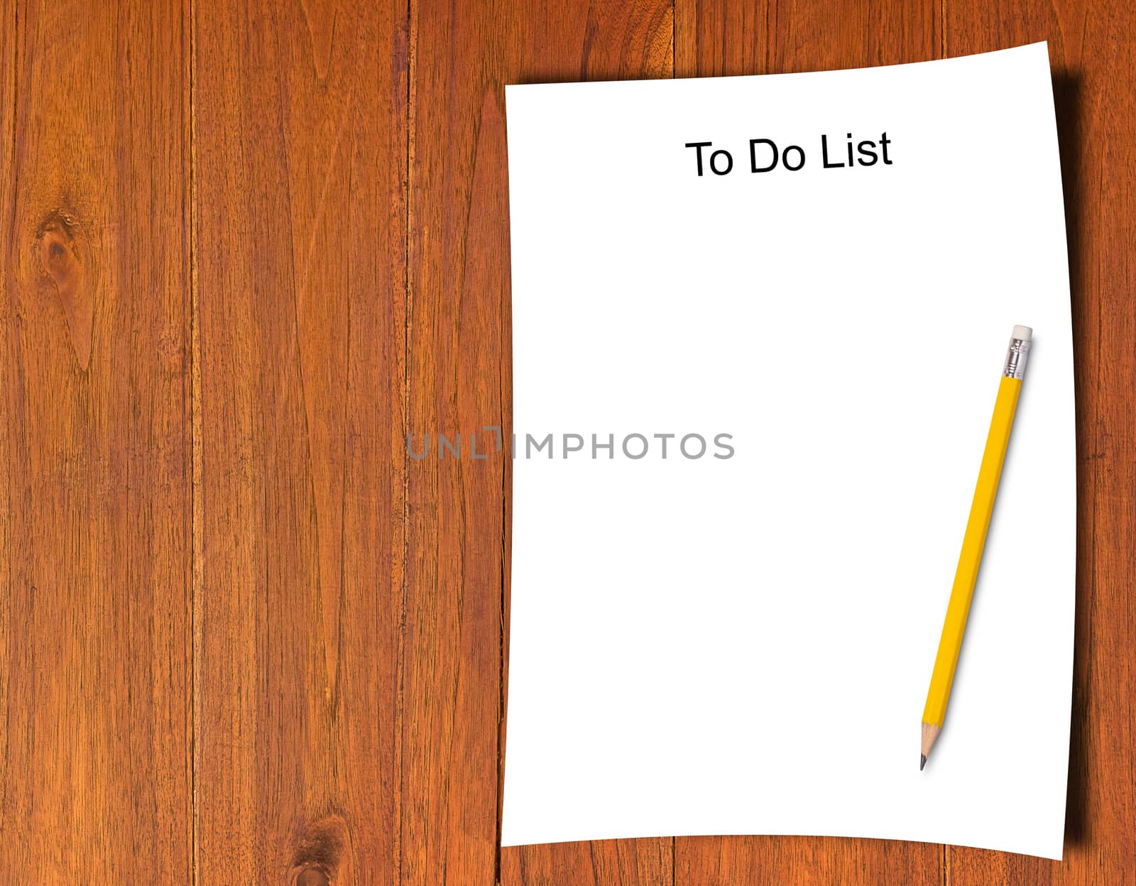 To do list concept, white paper and yellow pencil on wood background