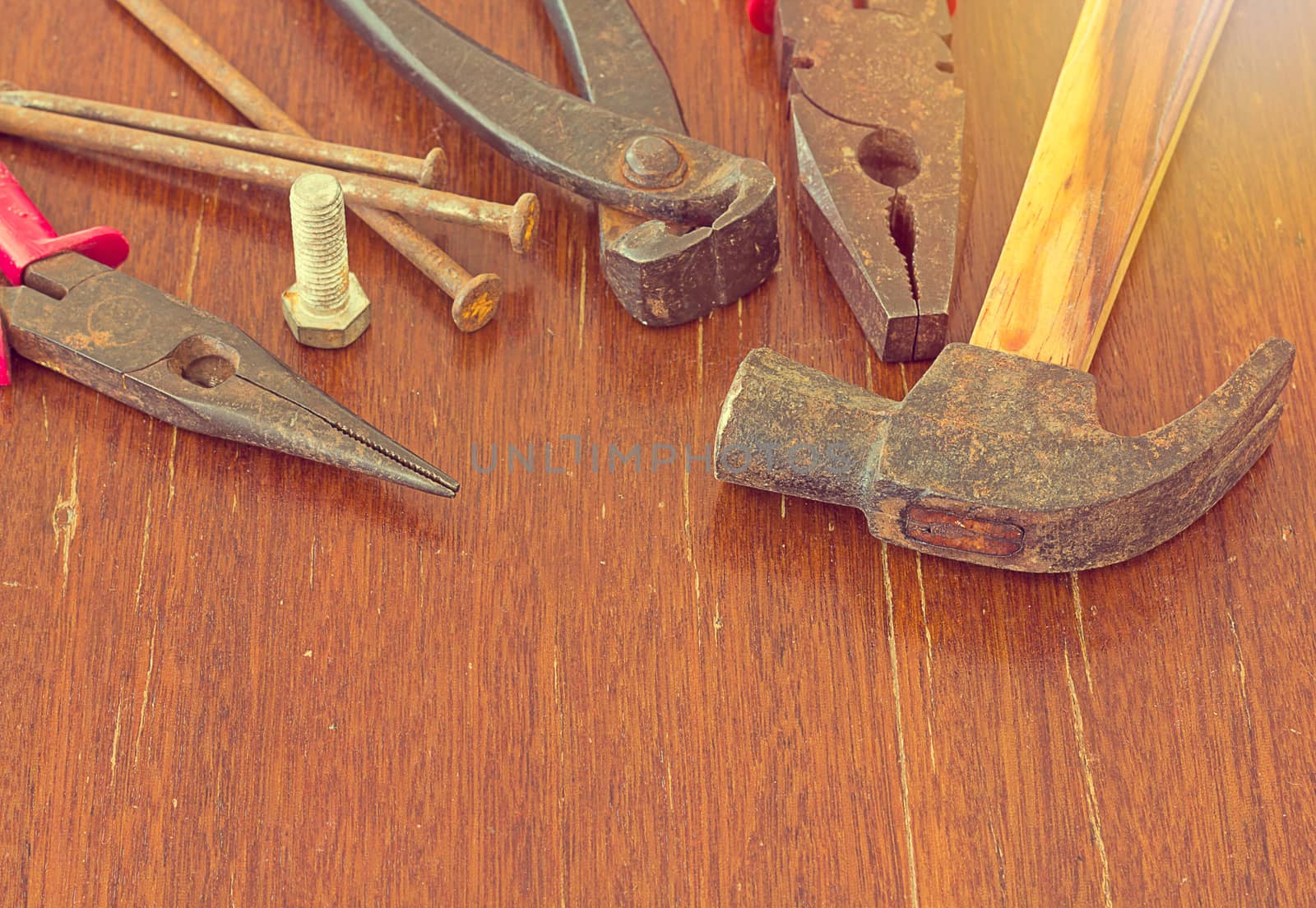 Old Tools on Wooden Background by Fnatic12