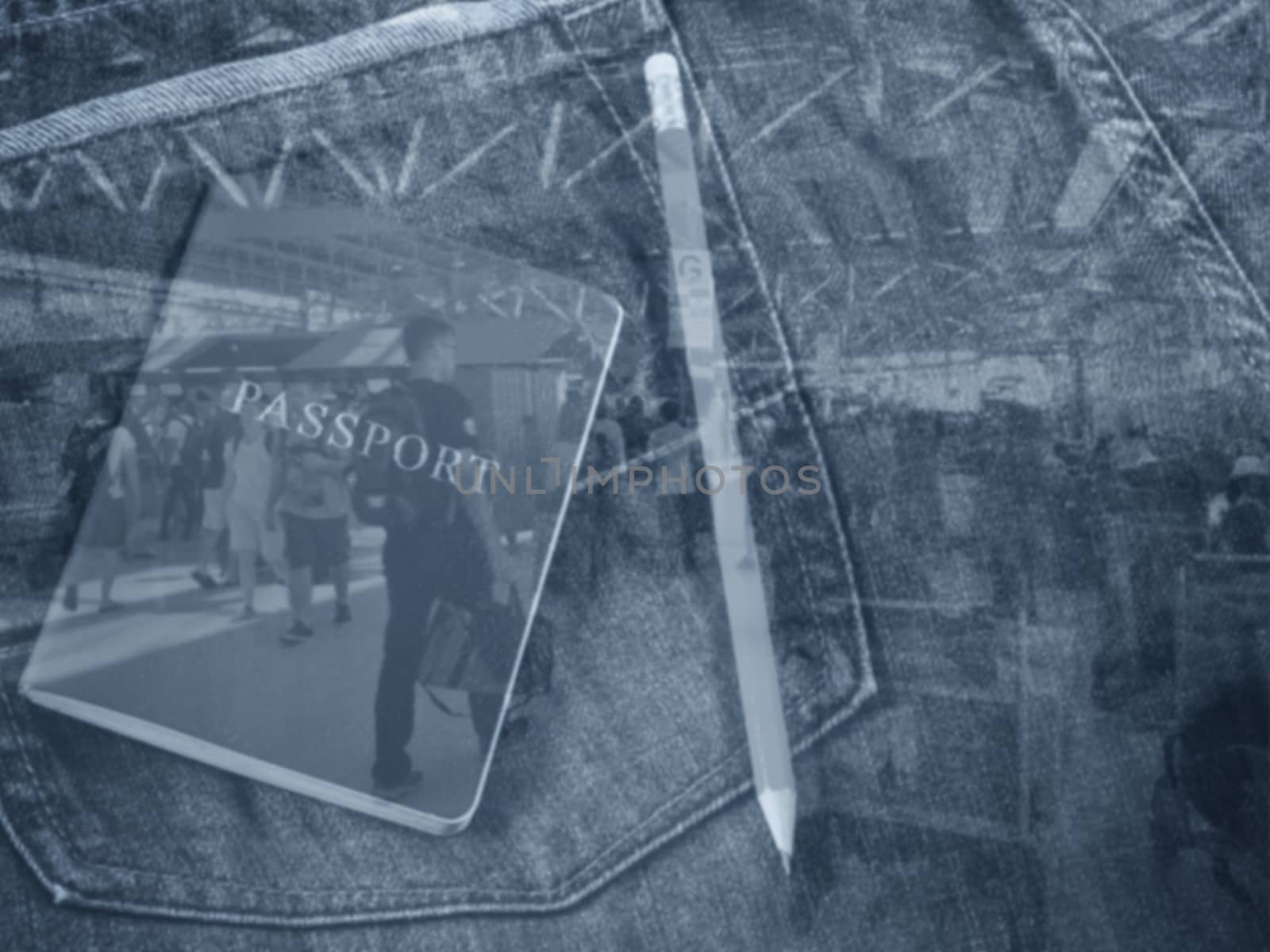 Traveling concept blur background, passport and pencil, double exposure