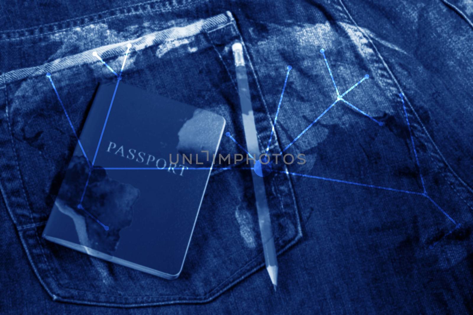 Traveling concept blur background, passport and pencil, double exposure, Elements of this image furnished by NASA