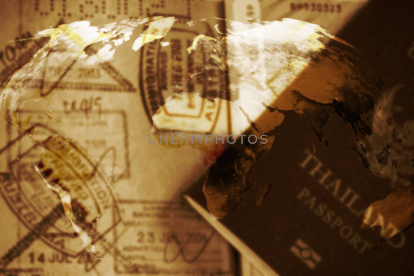 Traveling concept blur background, open passport with stamp, double exposure, Elements of this image furnished by NASA