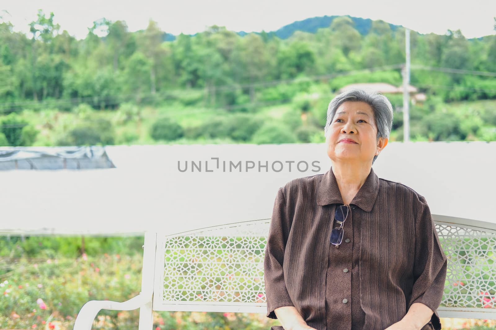 elder woman resting in garden. asian elderly female relaxing outdoors. senior leisure lifestyle