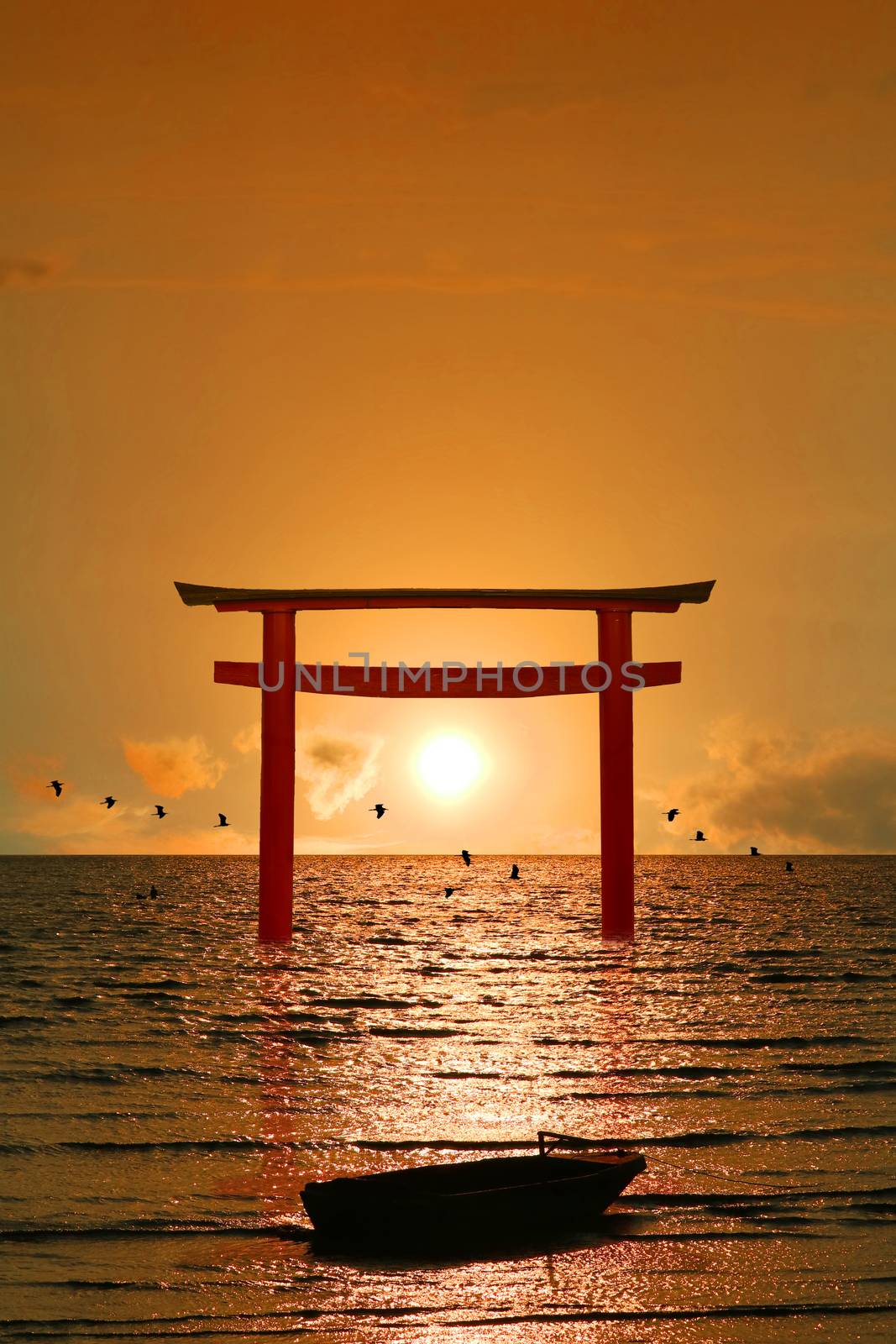 reflection torii sunset orange cloud on sky and birds flying on  by Darkfox