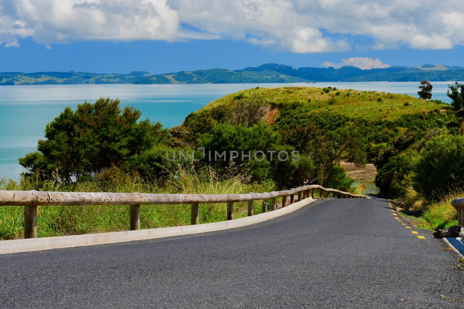 A narrow asphalt road leading to the sea; bright blue sea seen in some distance by Marshalkina