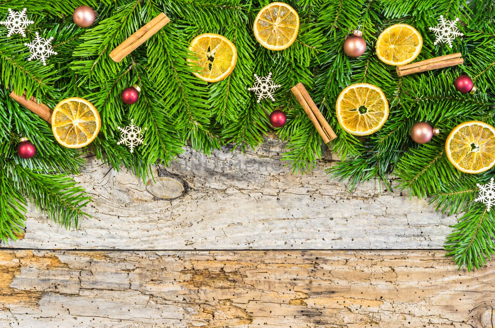Christmas decoration on wood background with copy space